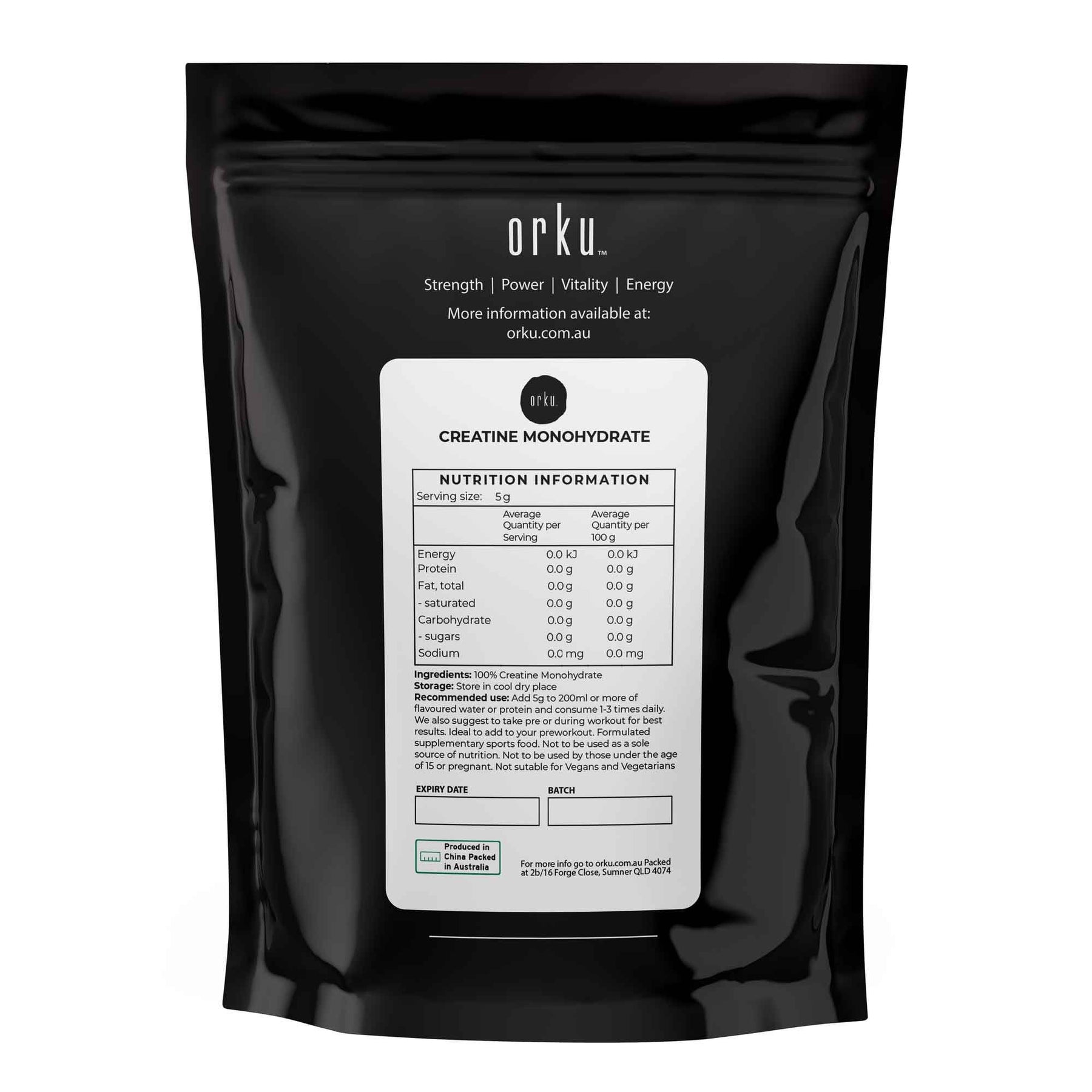 Orku 1Kg Creatine Monohydrate Powder – 200 Mesh Micronised, 99.9% Purity