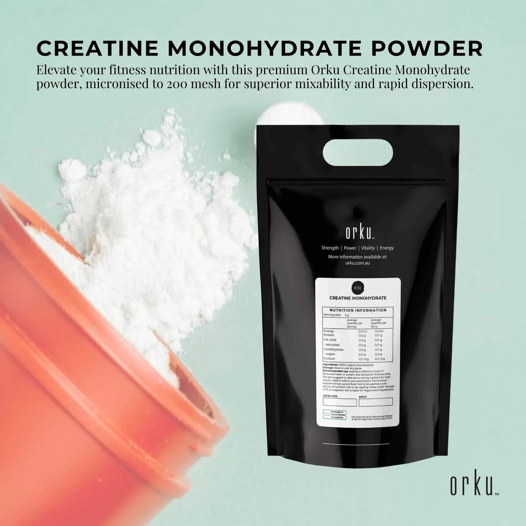 Orku Creatine Monohydrate Powder – 200 Mesh Micronised | 20Kg | 99.9% Purity