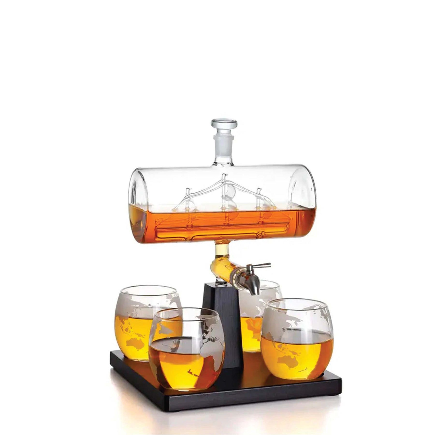 Premium Sailboat Glass Whiskey Decanter Set with 4 Globe Glasses - 1L