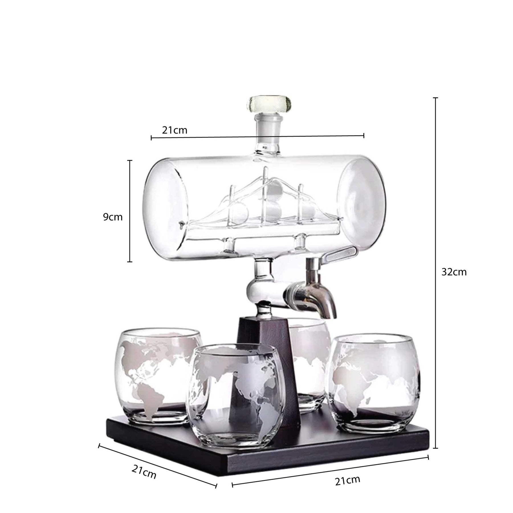 Premium Sailboat Glass Whiskey Decanter Set with 4 Globe Glasses - 1L