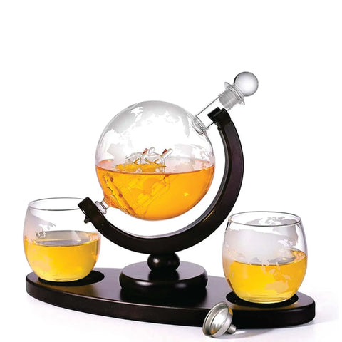 Whiskey Decanter Set 850ml - 2 Globe Glasses + Wooden Stand