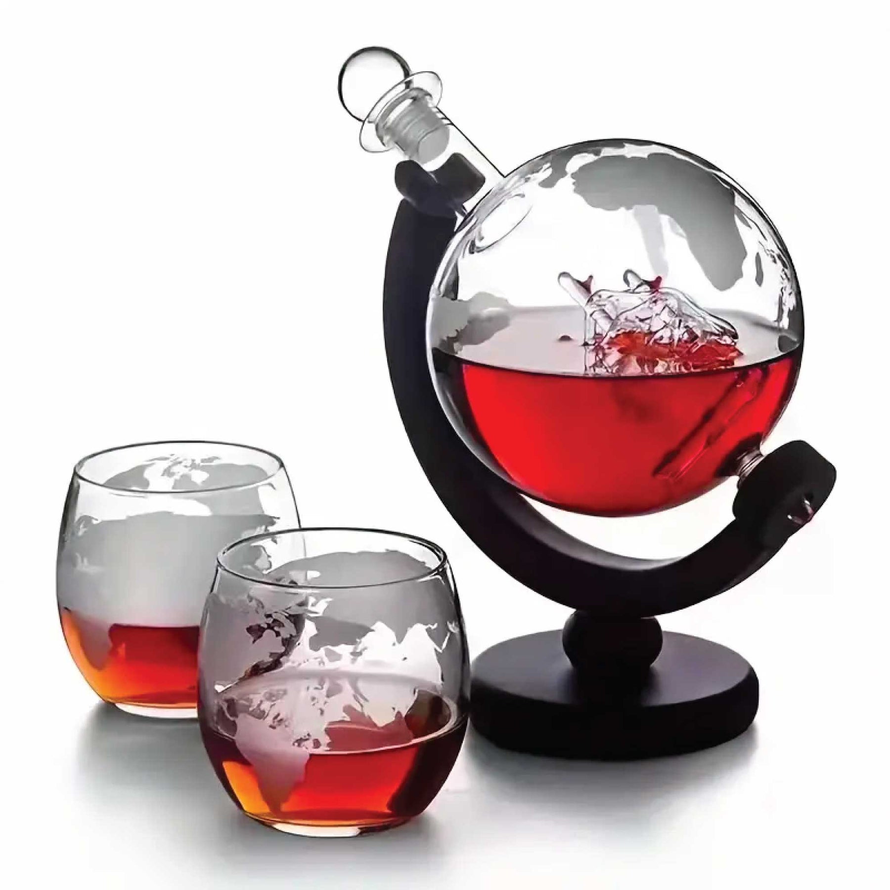 Whiskey Decanter Set 850ml - 2 Globe Glasses + Wooden Stand - SuperSaverAU - view 3