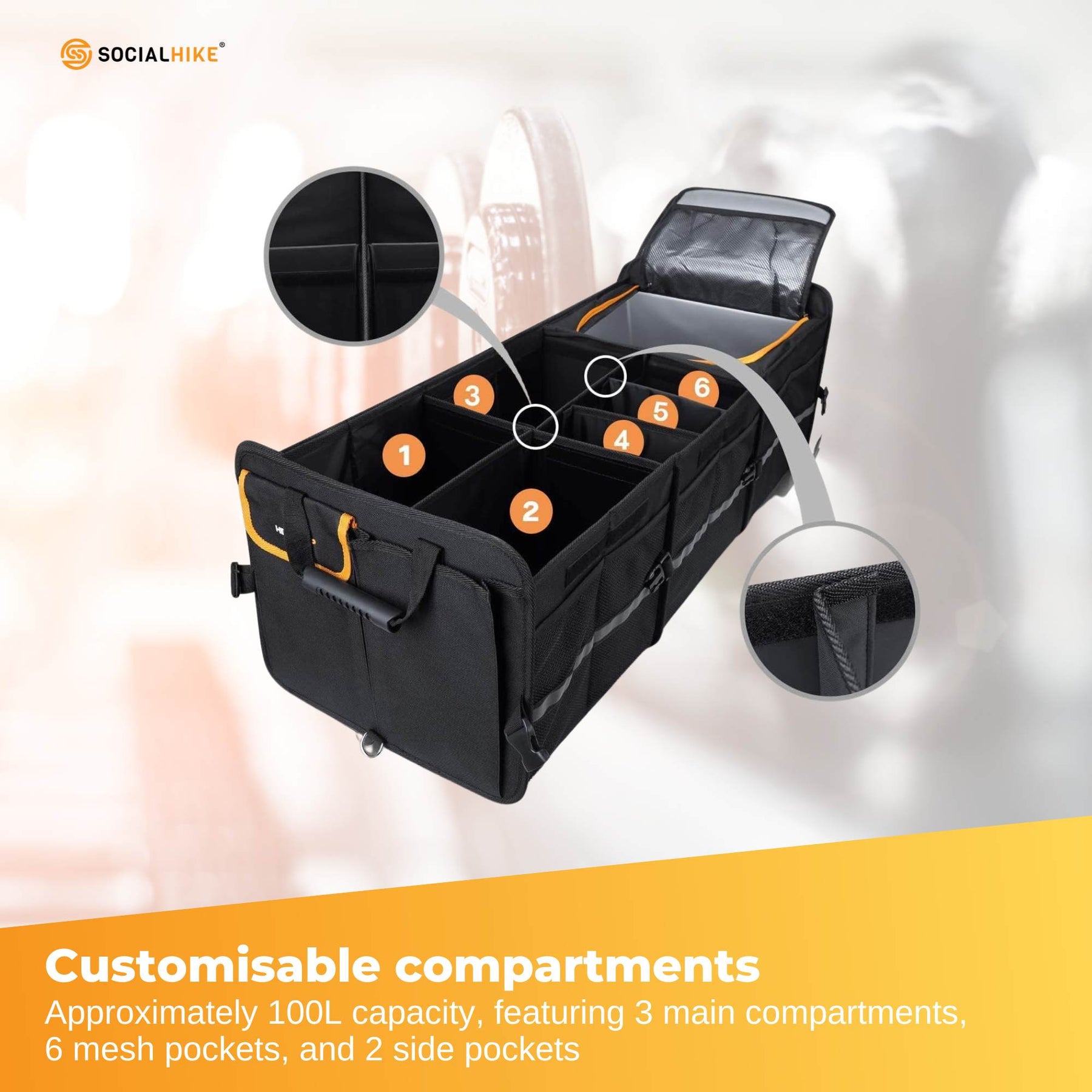 Car Boot Organiser with Cooler - 100L Capacity, Foldable, Black with Orange Trim - SuperSaverAU - view 3