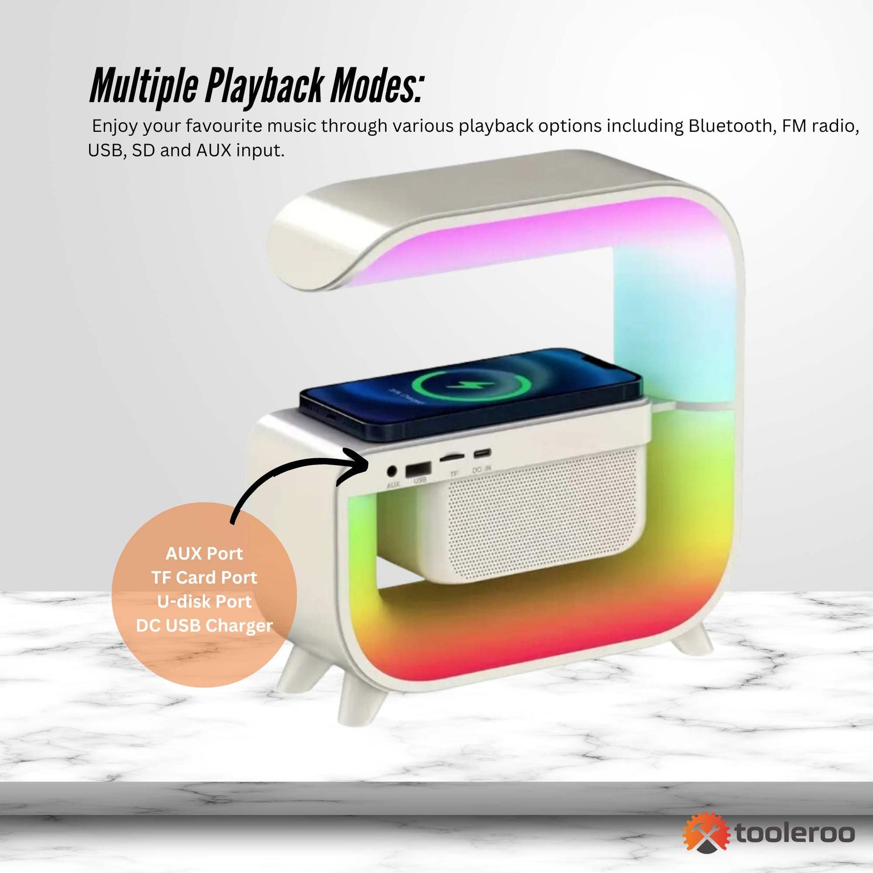 Premium Bluetooth Speaker with 15W Wireless Charger LED Lamp and Alarm Clock