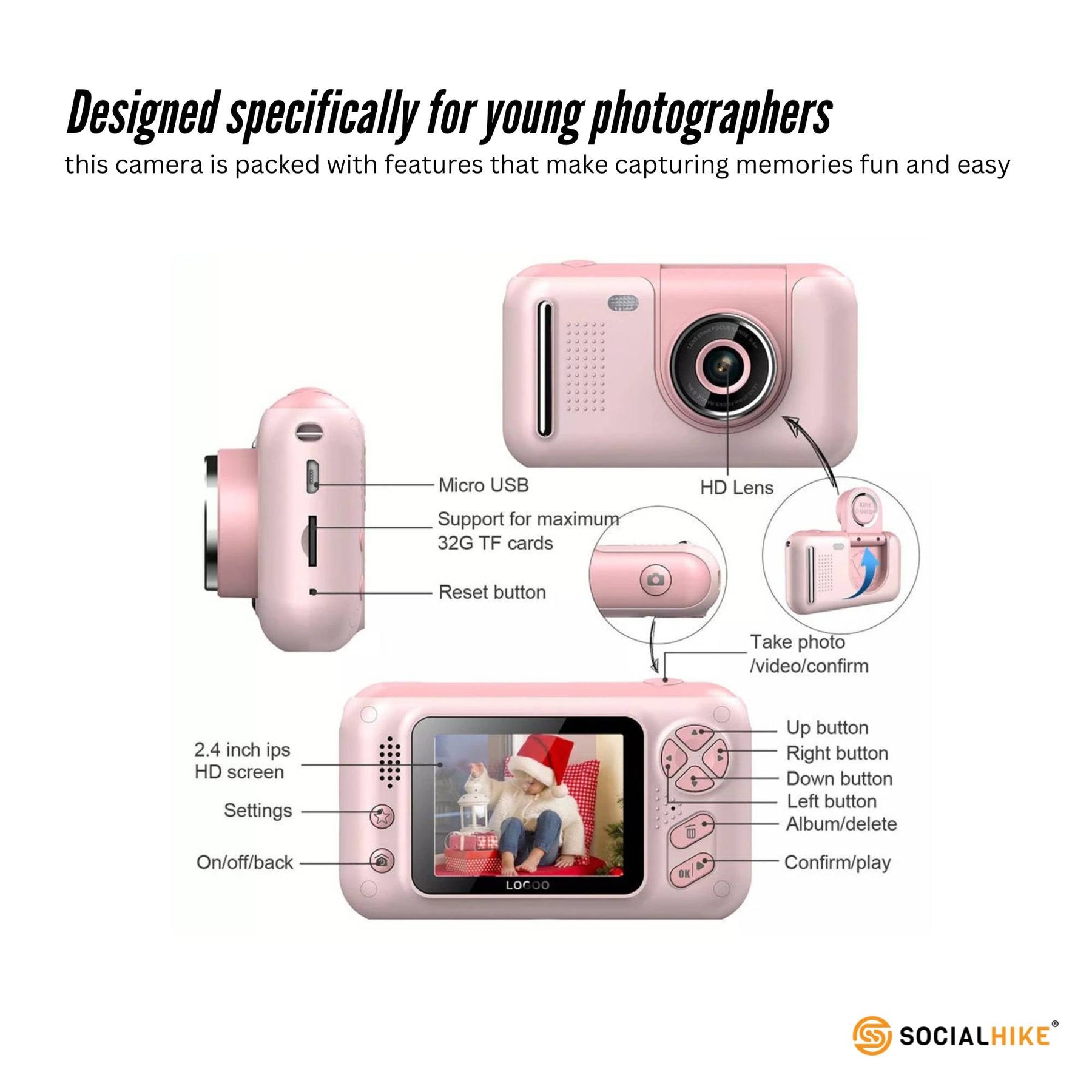 Premium Pink Kids 4MP HD Digital Selfie Camera with 2.4 Inch Screen