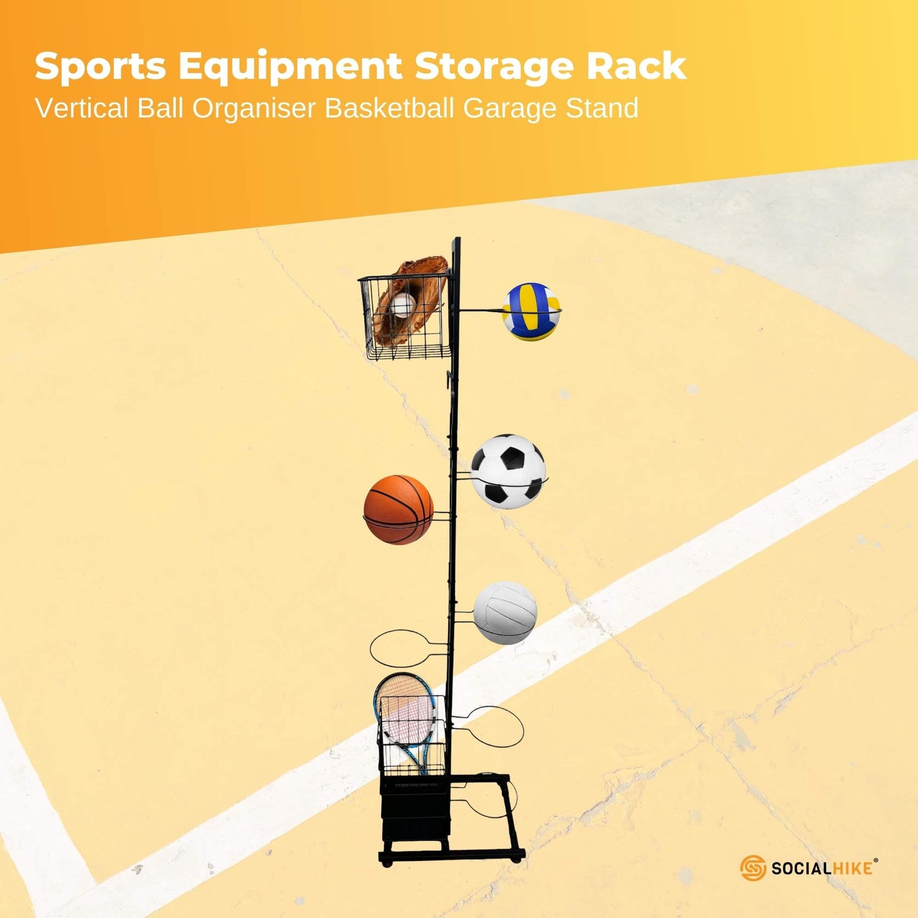 Premium 7-Tier Sports Equipment Storage Rack with Ball Holders - Black