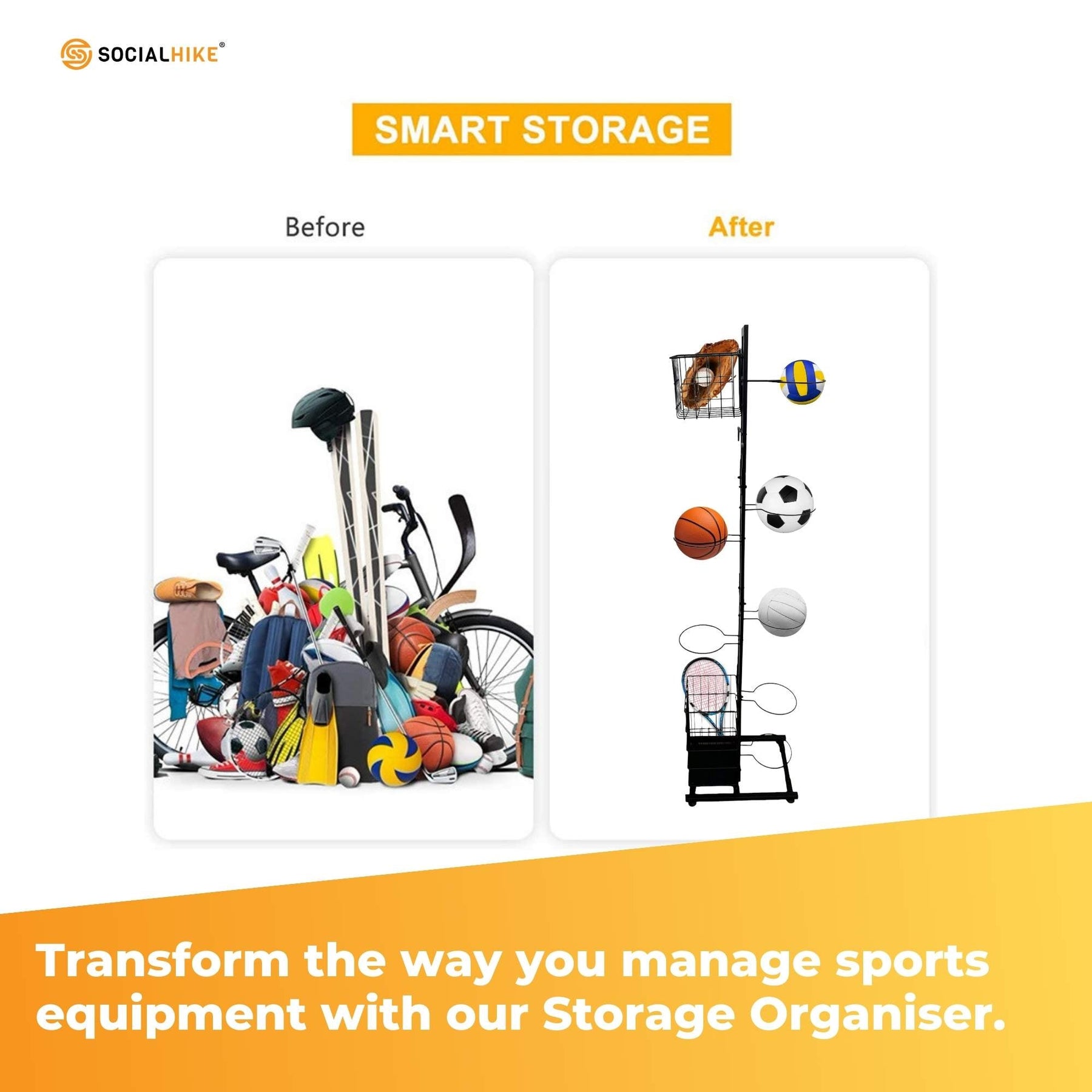 Premium 7-Tier Sports Equipment Storage Rack with Ball Holders - Black