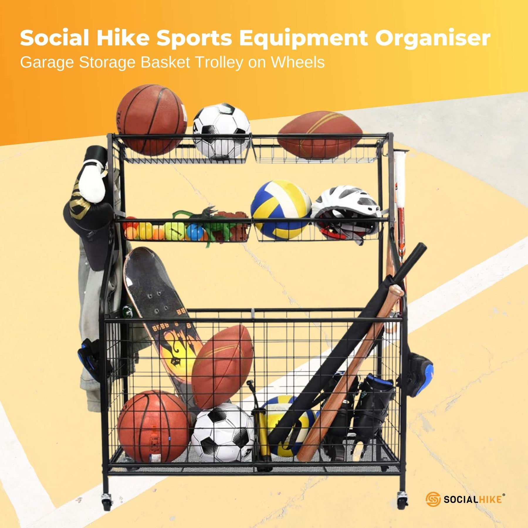 Social Hike Sports Equipment Organiser Trolley on Wheels - 93x42x117cm, Black - SuperSaverAU - view 2