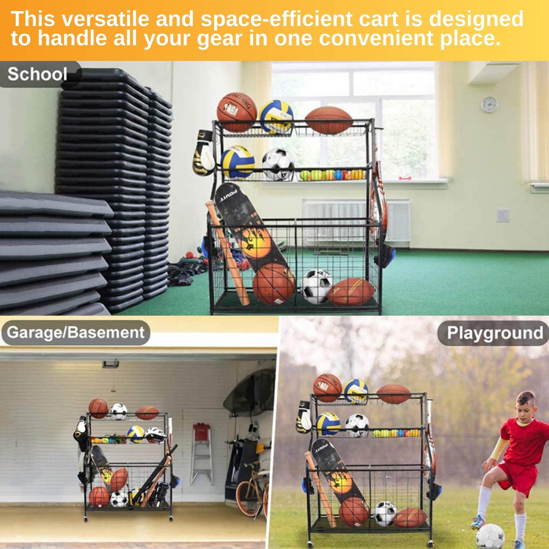 Social Hike Sports Equipment Organiser Trolley on Wheels - 93x42x117cm, Black - SuperSaverAU - view 8