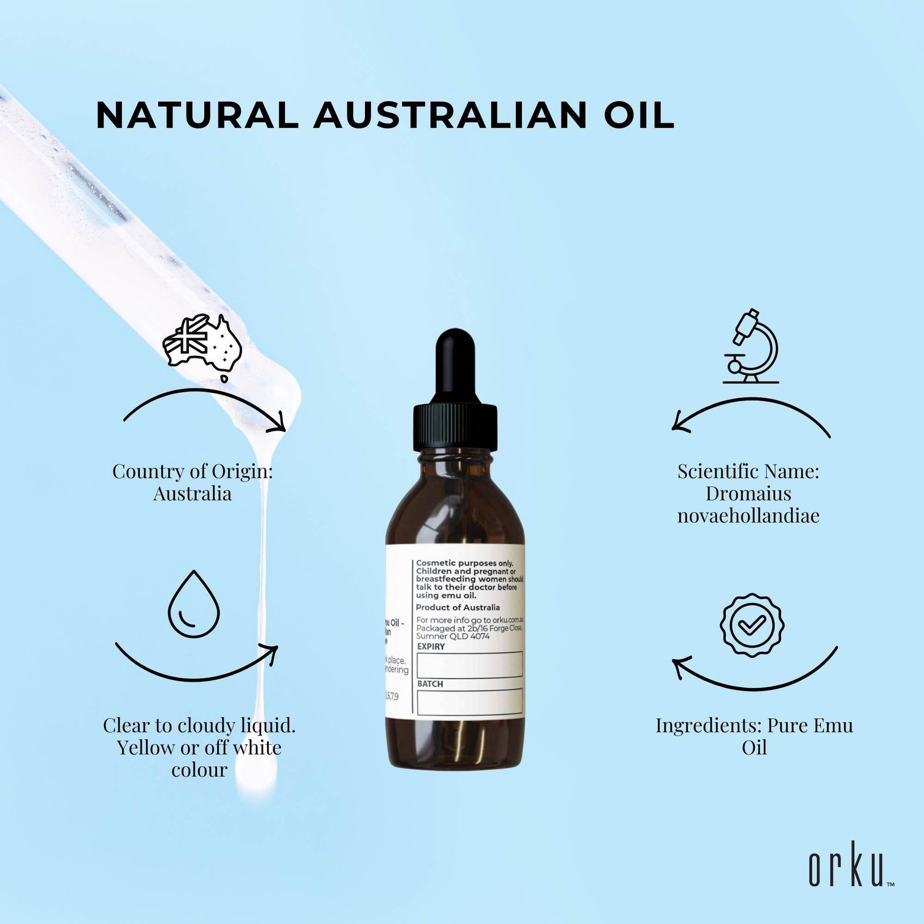 Orku 25ml Pure Emu Oil with Dropper - Undiluted Natural Dromaius Novaehollandiae - SuperSaverAU - view 3