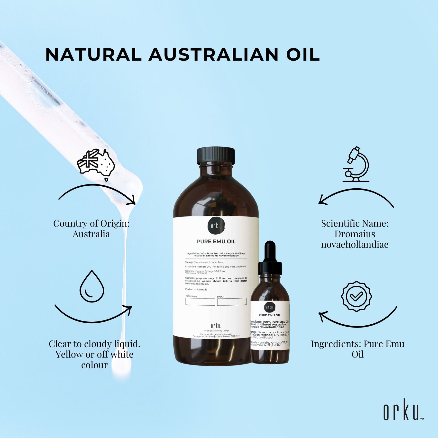 Orku 500ml Pure Emu Oil + Bonus 25ml Bottle - Australian Dromaius Novaehollandiae - SuperSaverAU - view 4