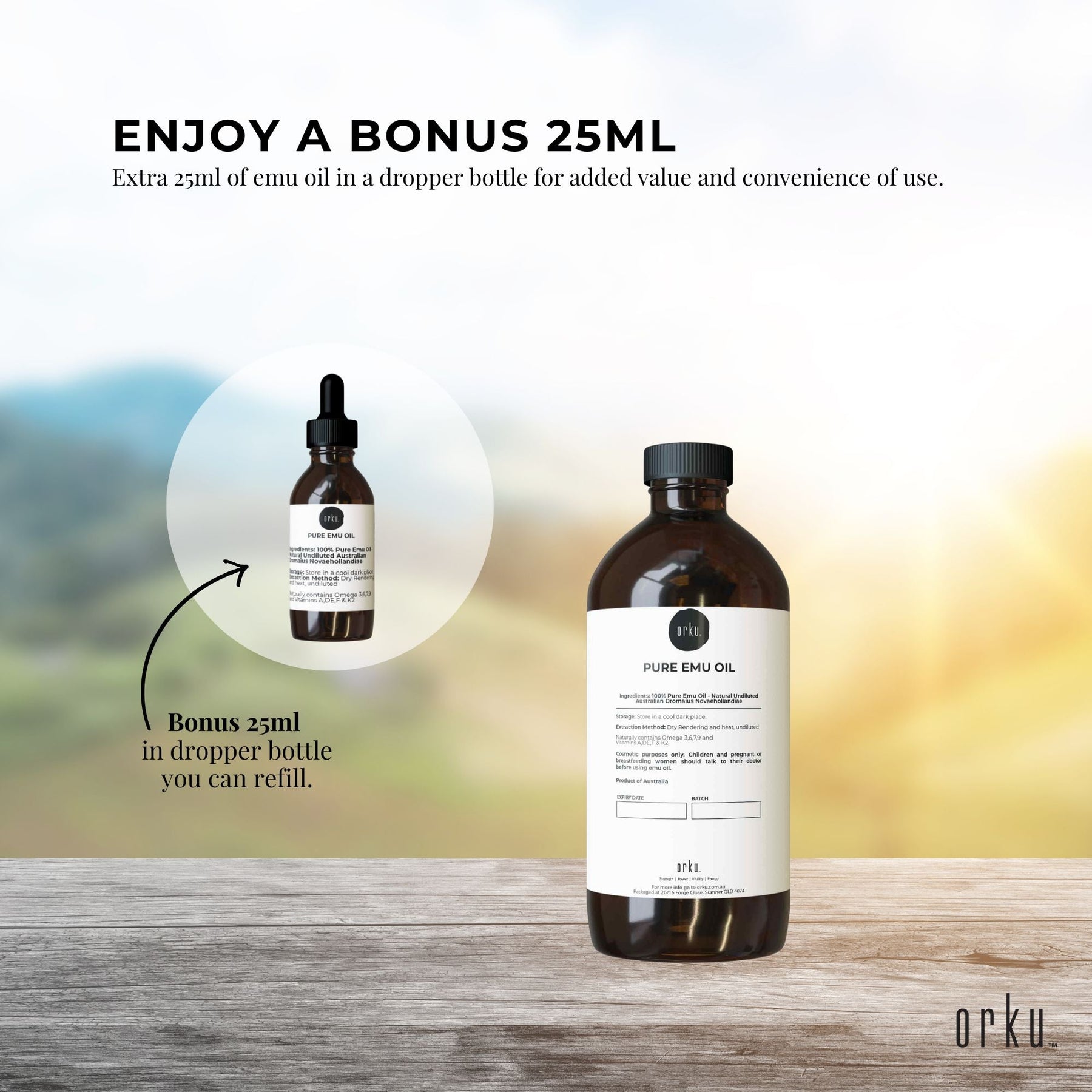 Orku 500ml Pure Emu Oil + Bonus 25ml Bottle - Australian Dromaius Novaehollandiae - SuperSaverAU - view 6