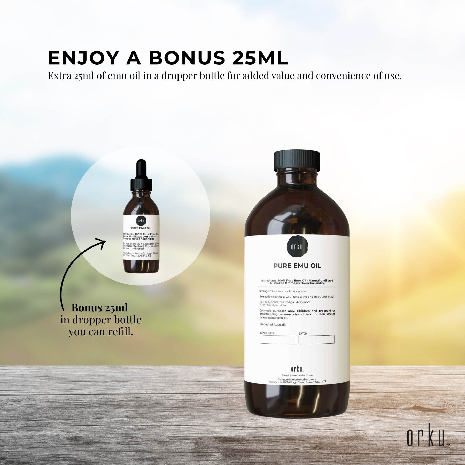 Orku 1L Pure Emu Oil + Bonus 25ml Bottle - Australian Dromaius Novaehollandiae - SuperSaverAU - view 6