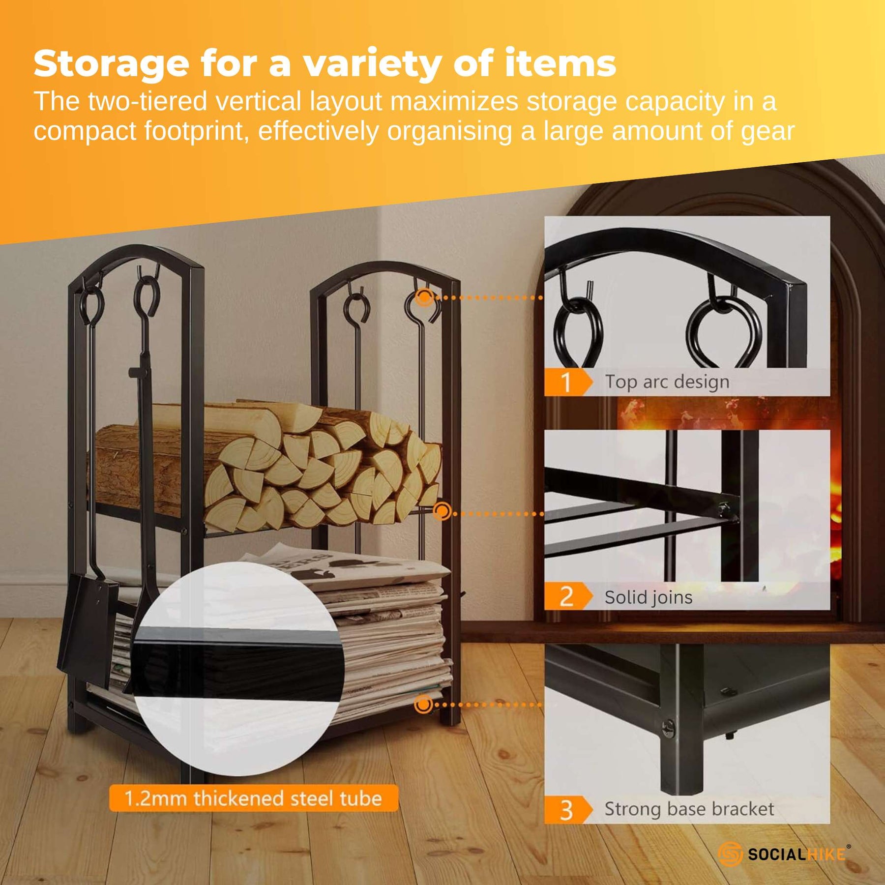 Social Hike Firewood Rack with Fireplace Tool Set - Steel, 50cm