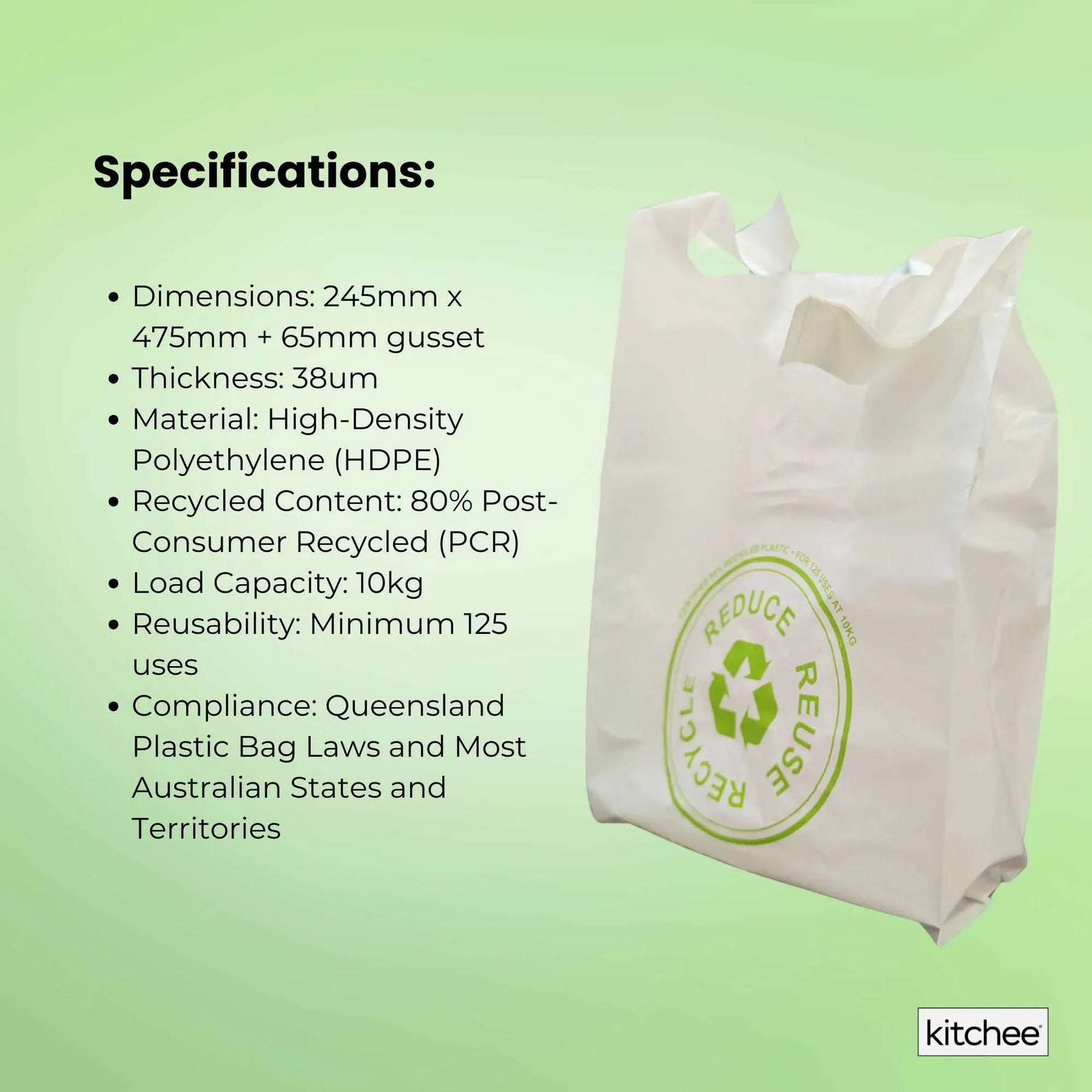 Premium Reusable Plastic Singlet Shopping Bags 38um QLD Compliant - 100 Pack