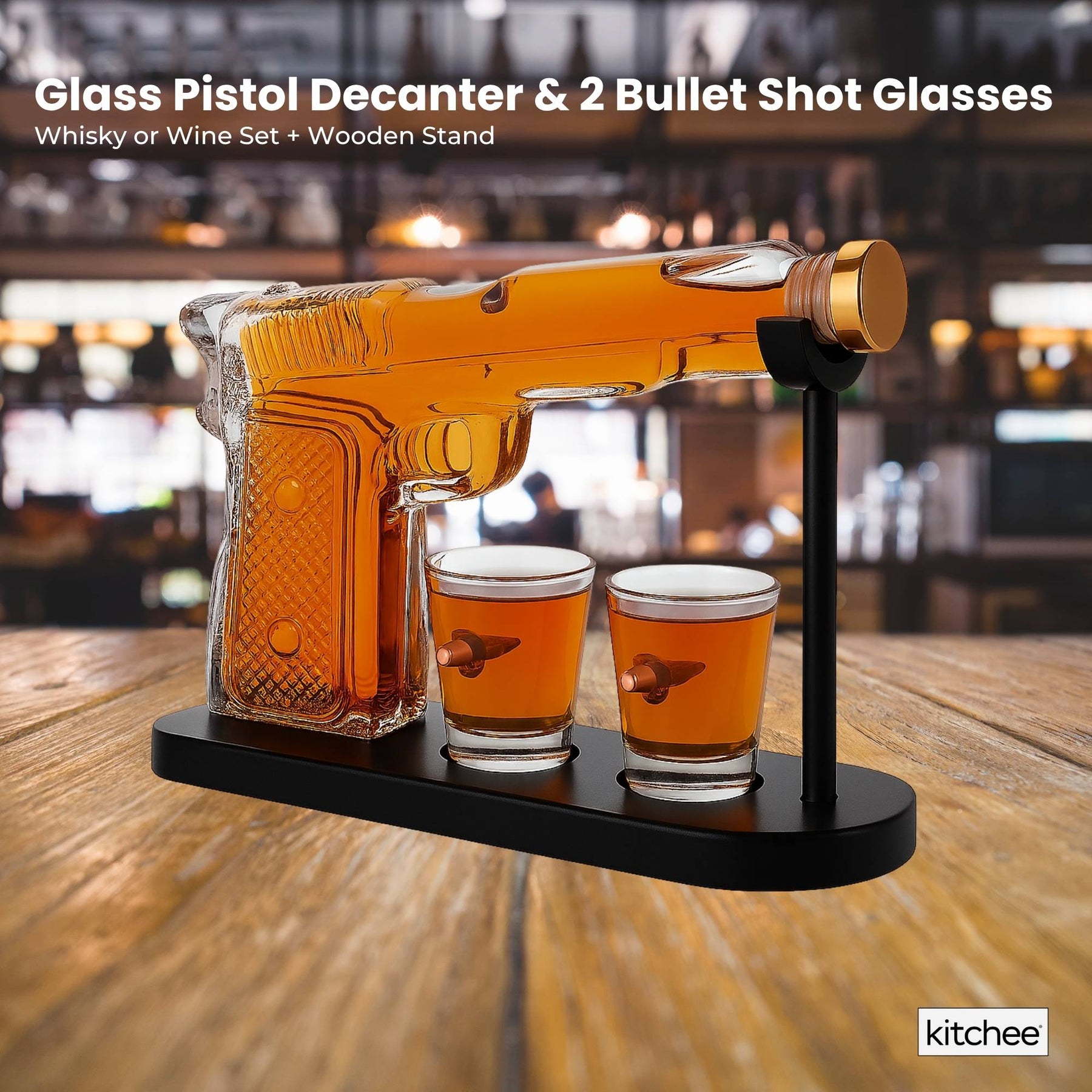 Glass Gun-Shaped Whiskey Decanter Set 1175ml with 2 Bullet Shot Glasses & Stand - SuperSaverAU - view 2