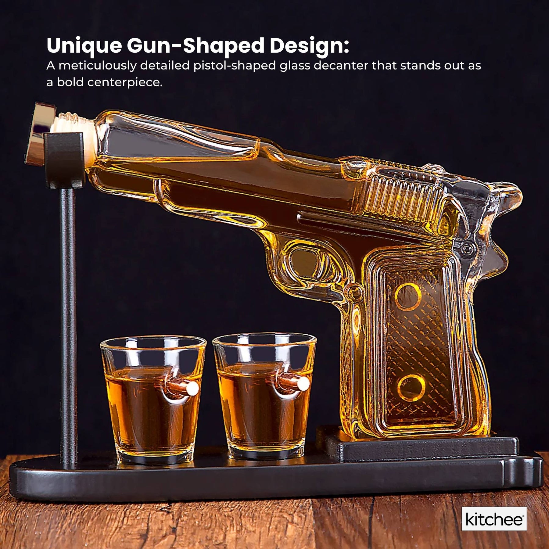 Glass Gun-Shaped Whiskey Decanter Set 1175ml with 2 Bullet Shot Glasses & Stand - SuperSaverAU - view 5
