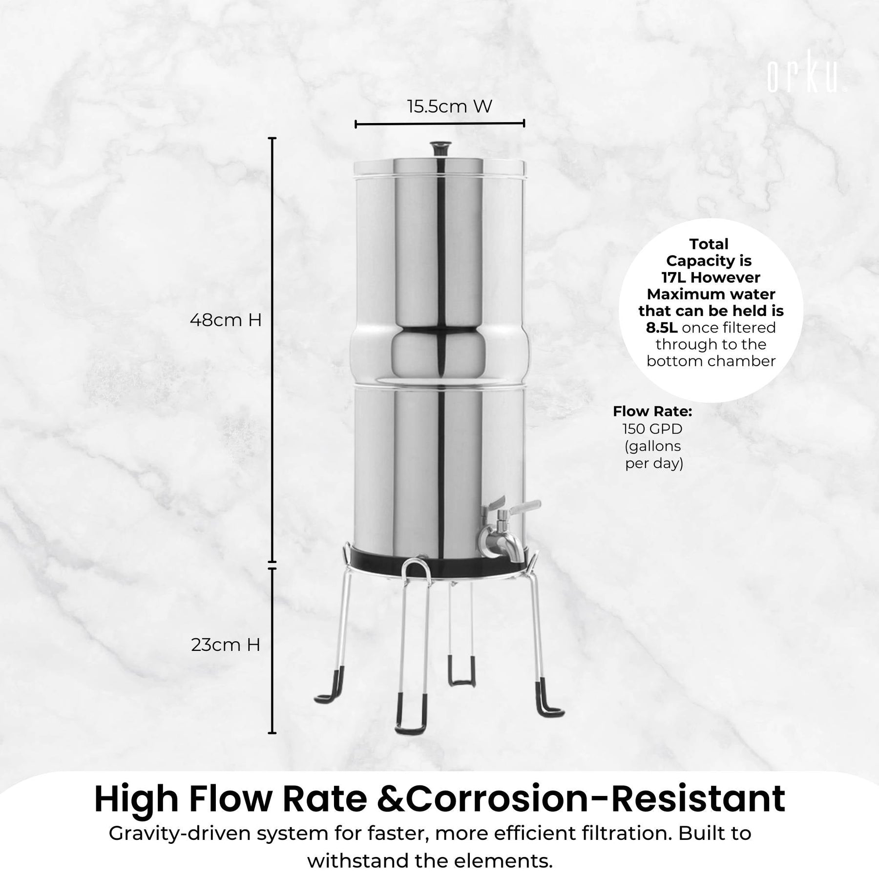 Orku 8.5L Gravity Benchtop Water Filter - Stainless Steel Fluoride Removal - SuperSaverAU - view 4