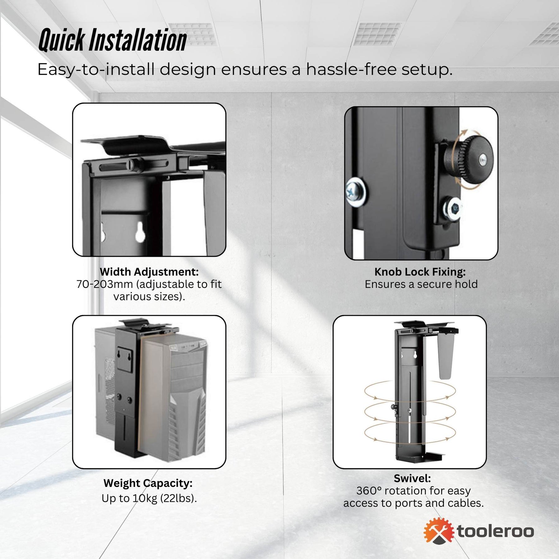 Tooleroo Under Desk CPU Holder PC Mount - Adjustable 360 Degree Rotation Rack - SuperSaverAU - view 4