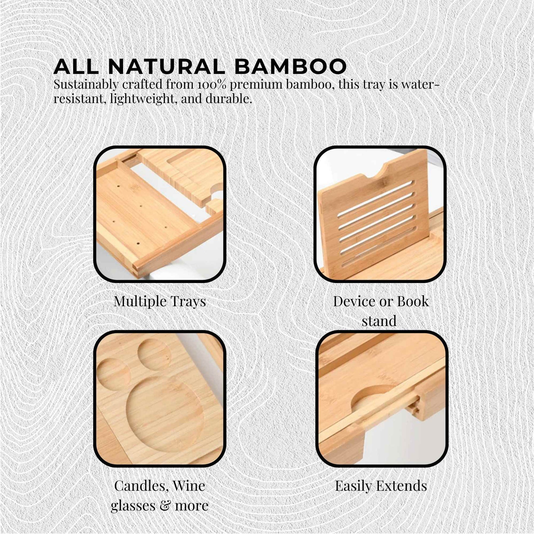 Bamboo Bath Tray Caddy - Adjustable Spa Book & Wine Holder - SuperSaverAU - view 6
