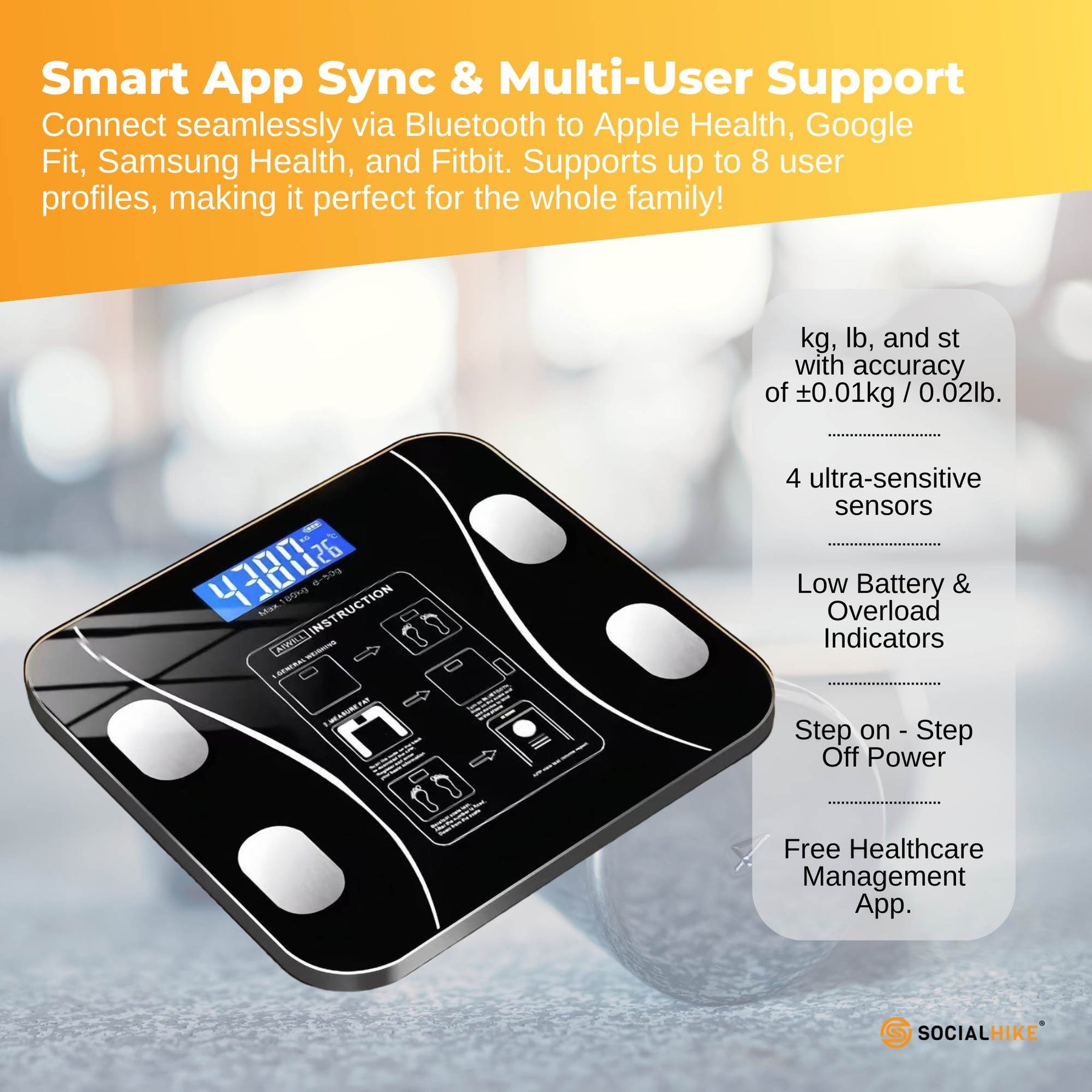 Premium Bluetooth Smart Body Fat Scale with App & USB Charging - Black