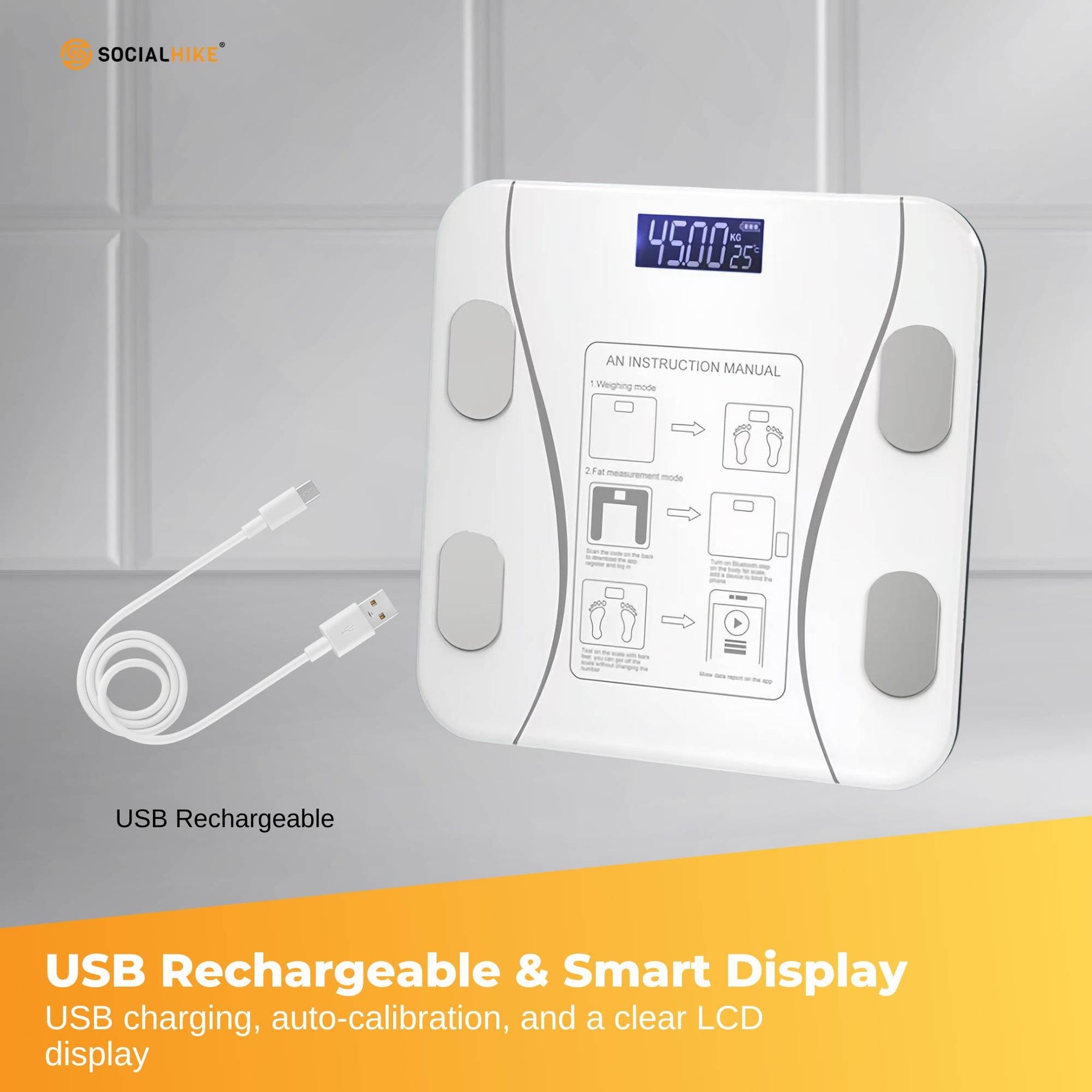 Premium Bluetooth Smart Body Fat Scale with App & USB Charging - White
