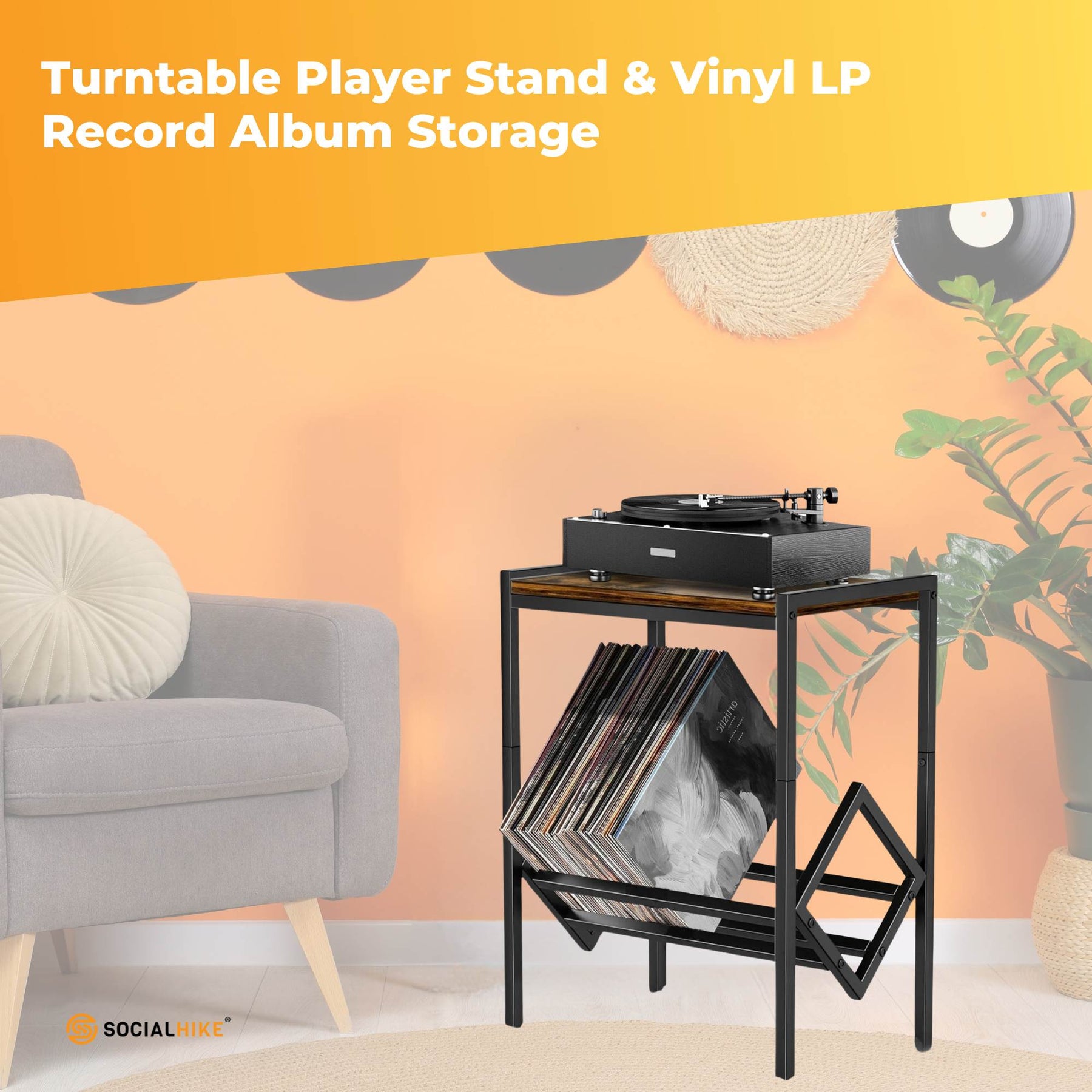 Social Hike Turntable Player Stand & Vinyl LP Record Album Storage - Black Metal - SuperSaverAU - view 2