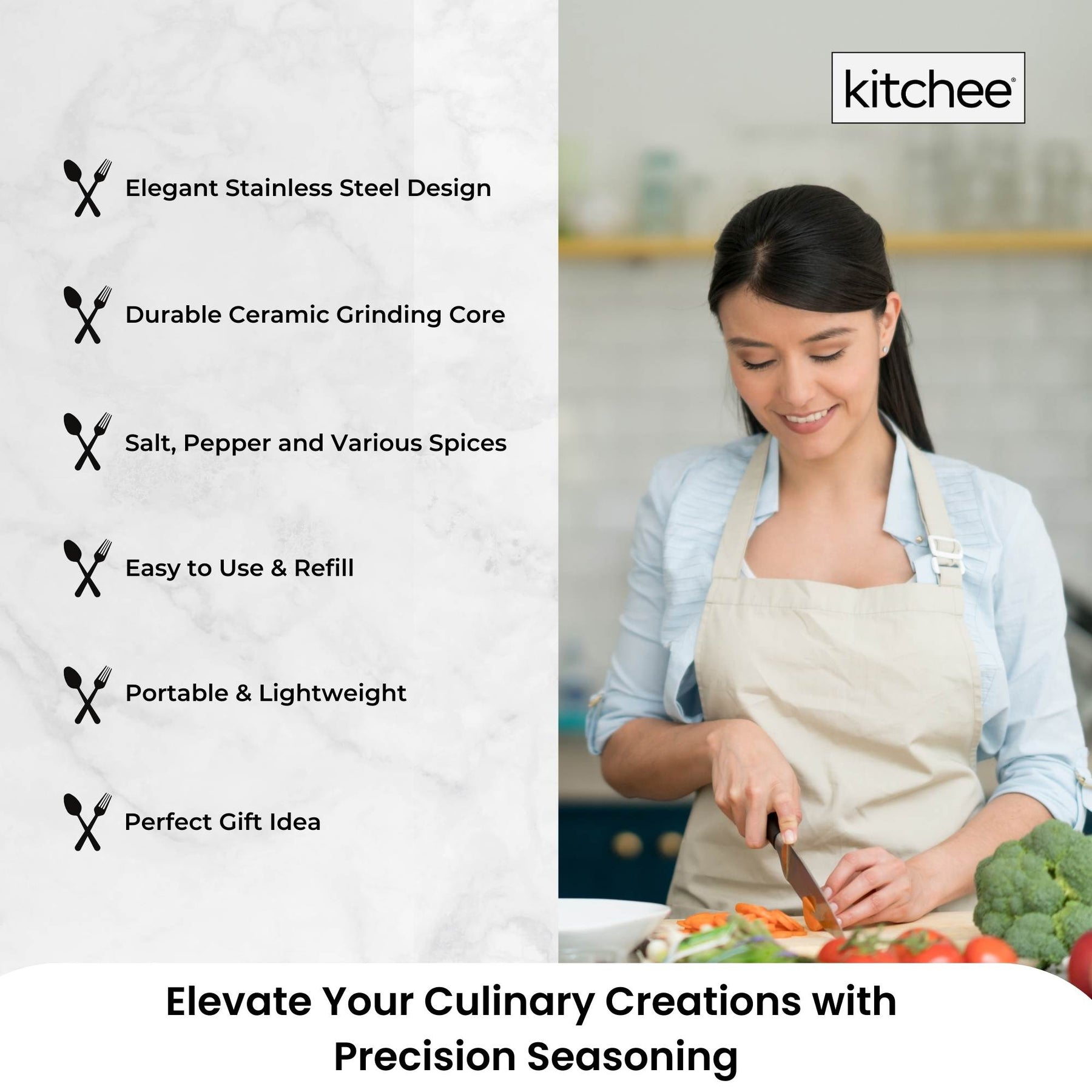 Kitchee Stainless Steel Salt & Pepper Grinder with Adjustable Coarseness - 75ml