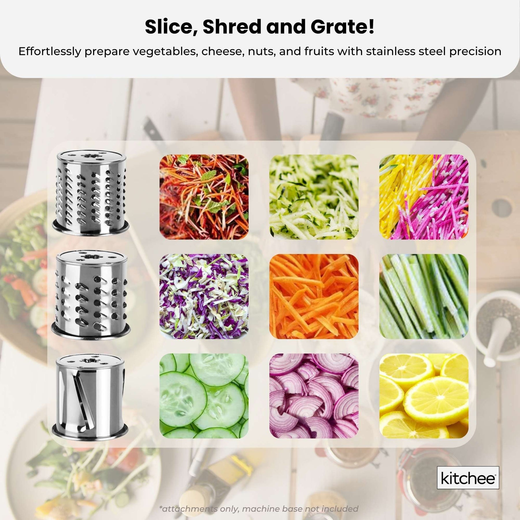 Kitchee Slicer Shredder Grater 3 Attachments - Compatible with KitchenAid Mixer - SuperSaverAU - view 3