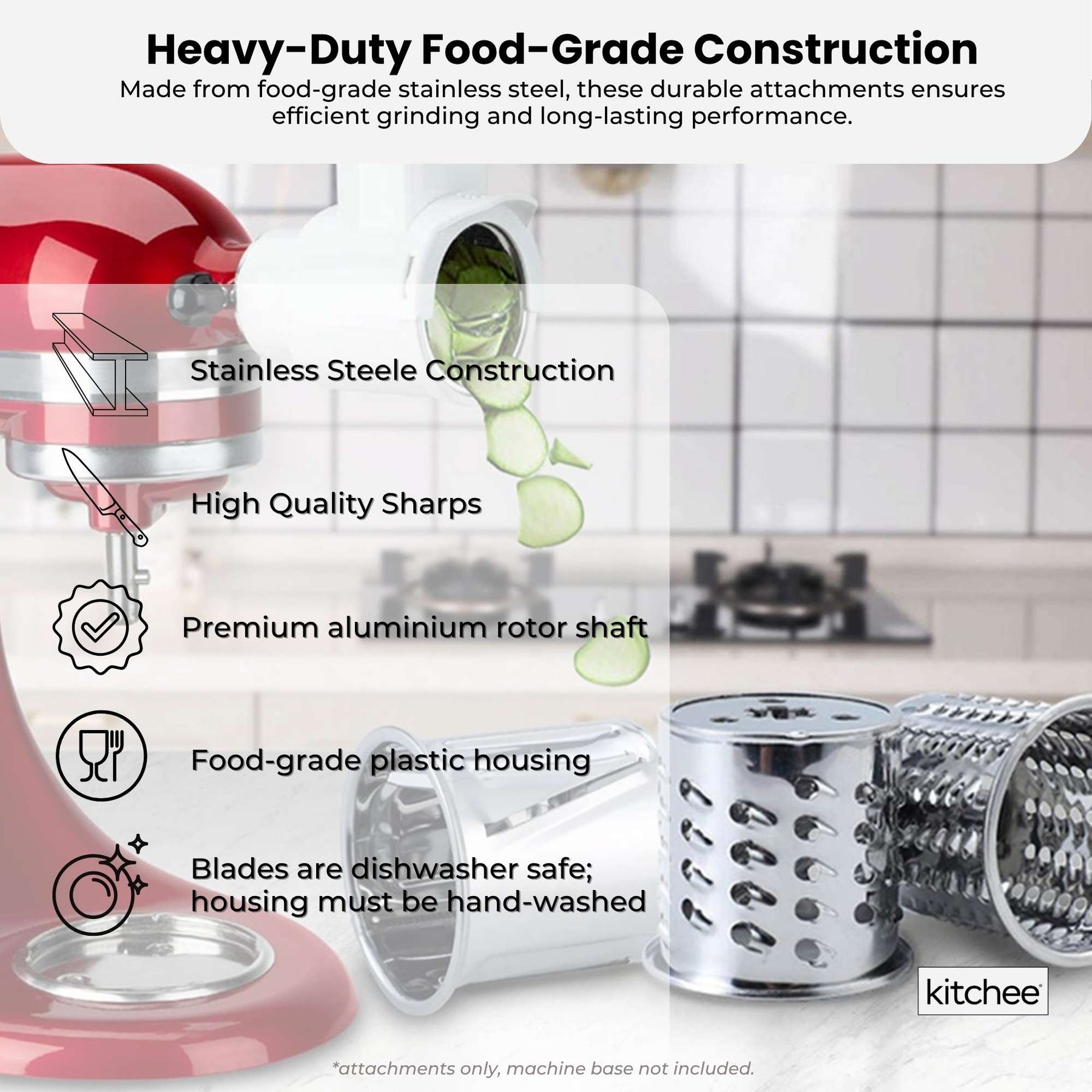 Kitchee Slicer Shredder Grater 3 Attachments - Compatible with KitchenAid Mixer - SuperSaverAU - view 4