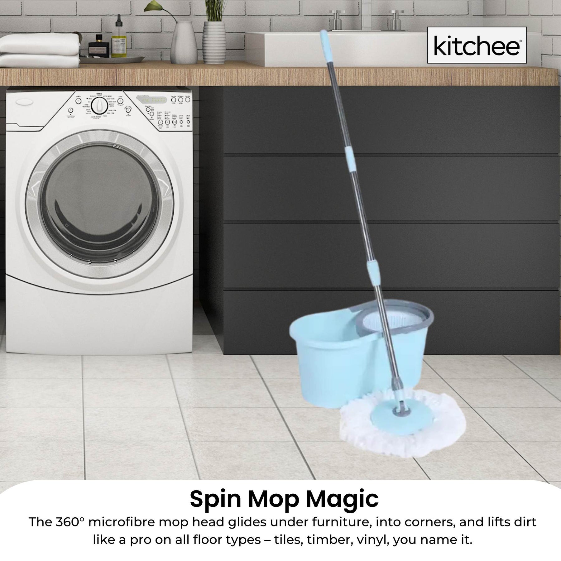 Kitchee Spin Mop & Bucket Set with Microfibre Pad - 10L
