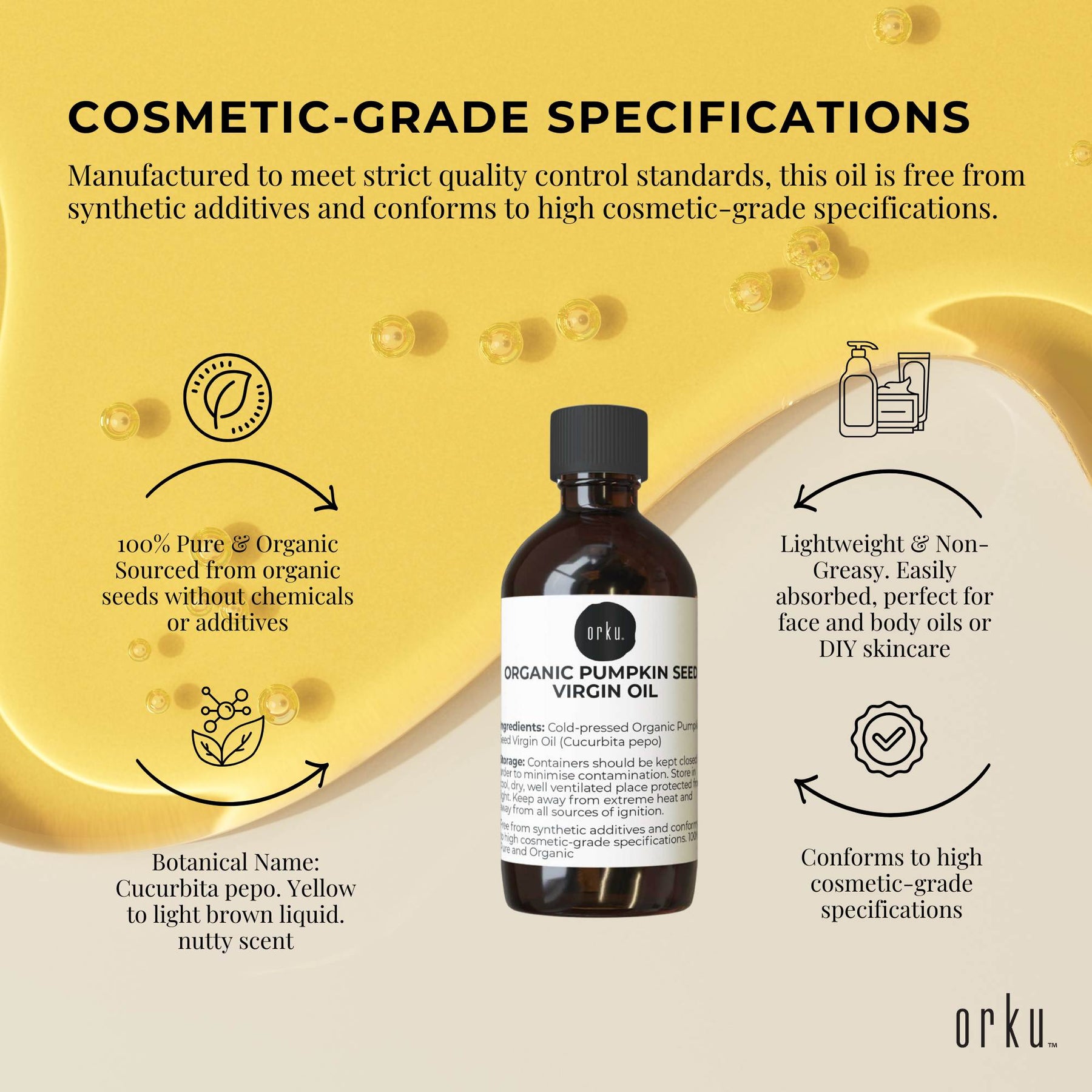 Orku Organic Pumpkin Seed Oil 100ml - Virgin Cold Pressed, Cosmetic Grade - SuperSaverAU - view 3