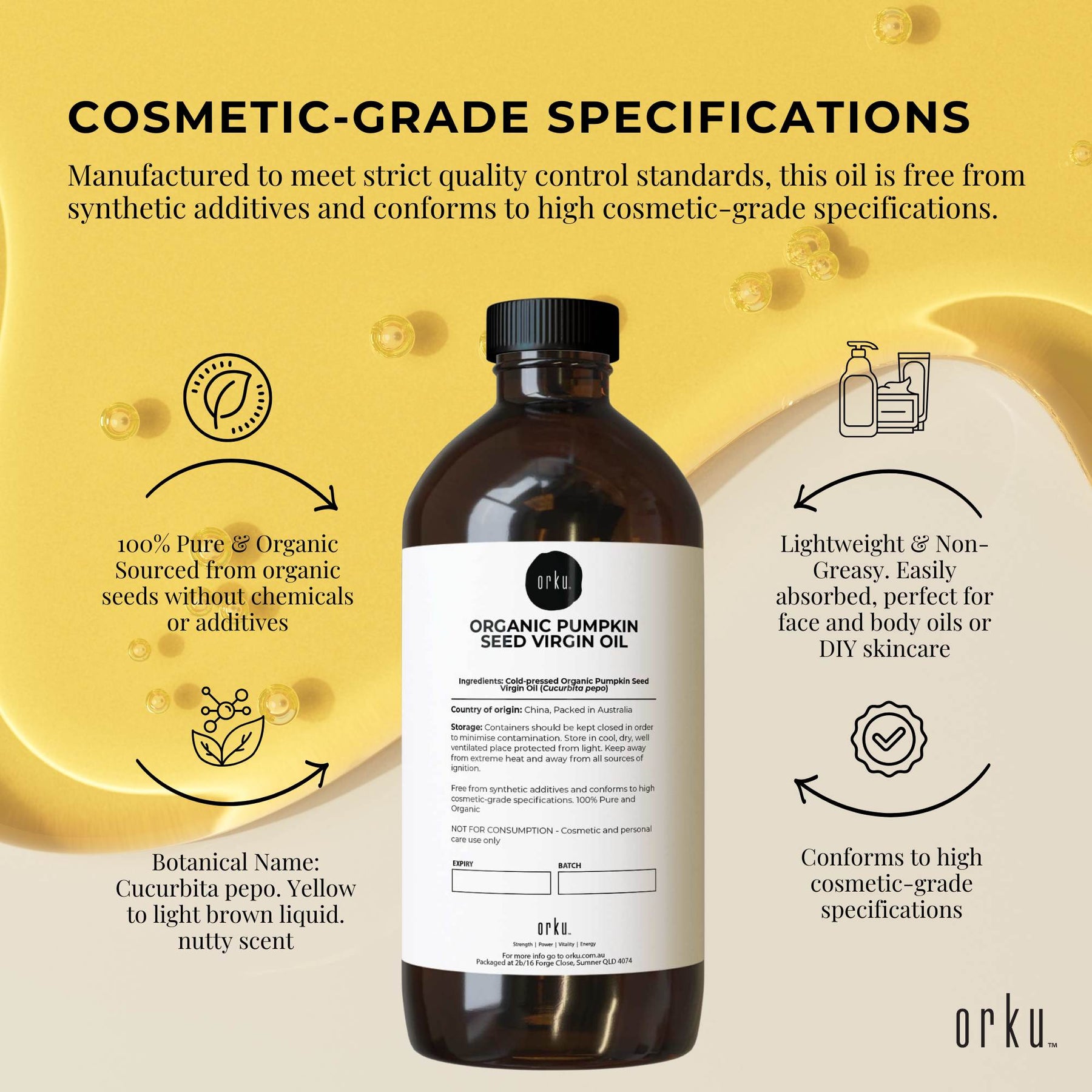 Orku Organic Pumpkin Seed Oil 1L - Virgin Cold Pressed, 100% Pure, Cosmetic Gr. - SuperSaverAU - view 4