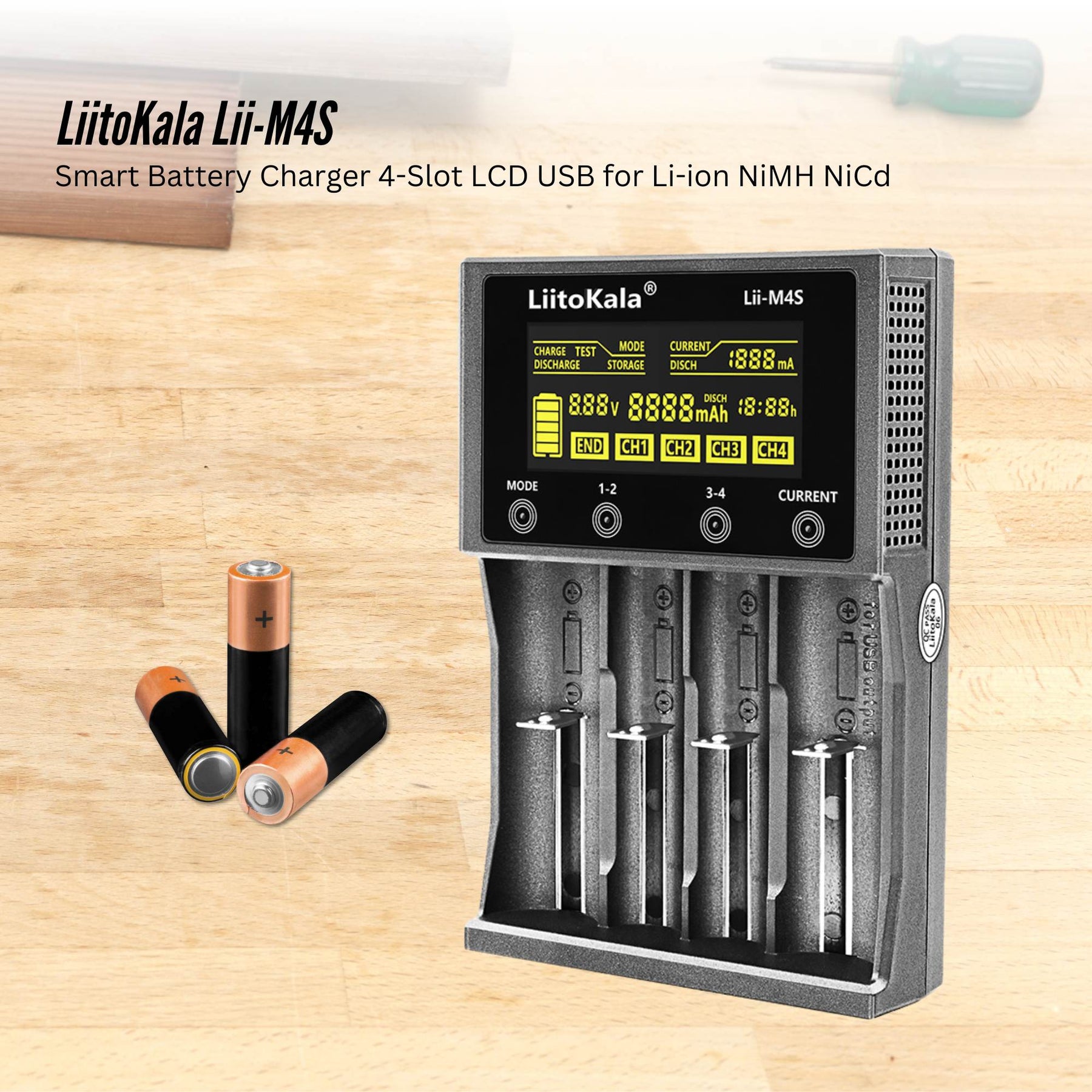 LiitoKala Lii-M4S Battery Charger LCD 4-Slot USB Li-ion NiMH Test Discharge Mode - SuperSaverAU - view 2