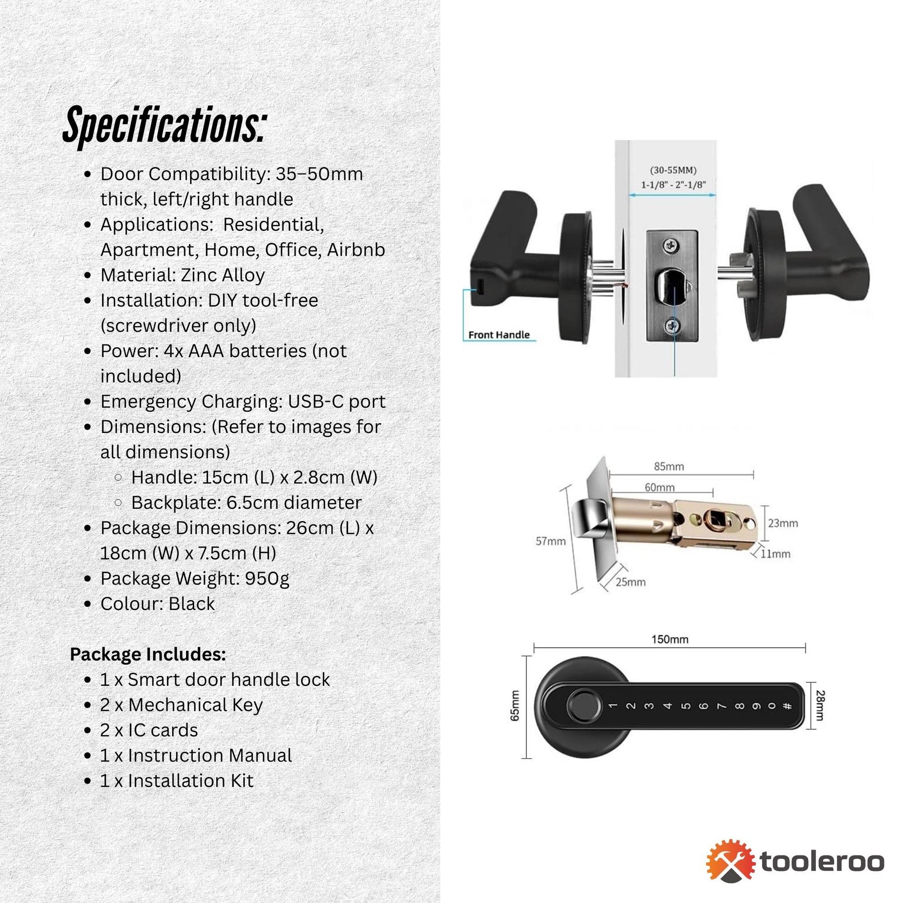 Tooleroo Digital Smart Door Lock Handle - 5in1 Keypad Home Entry Security System - SuperSaverAU - view 9