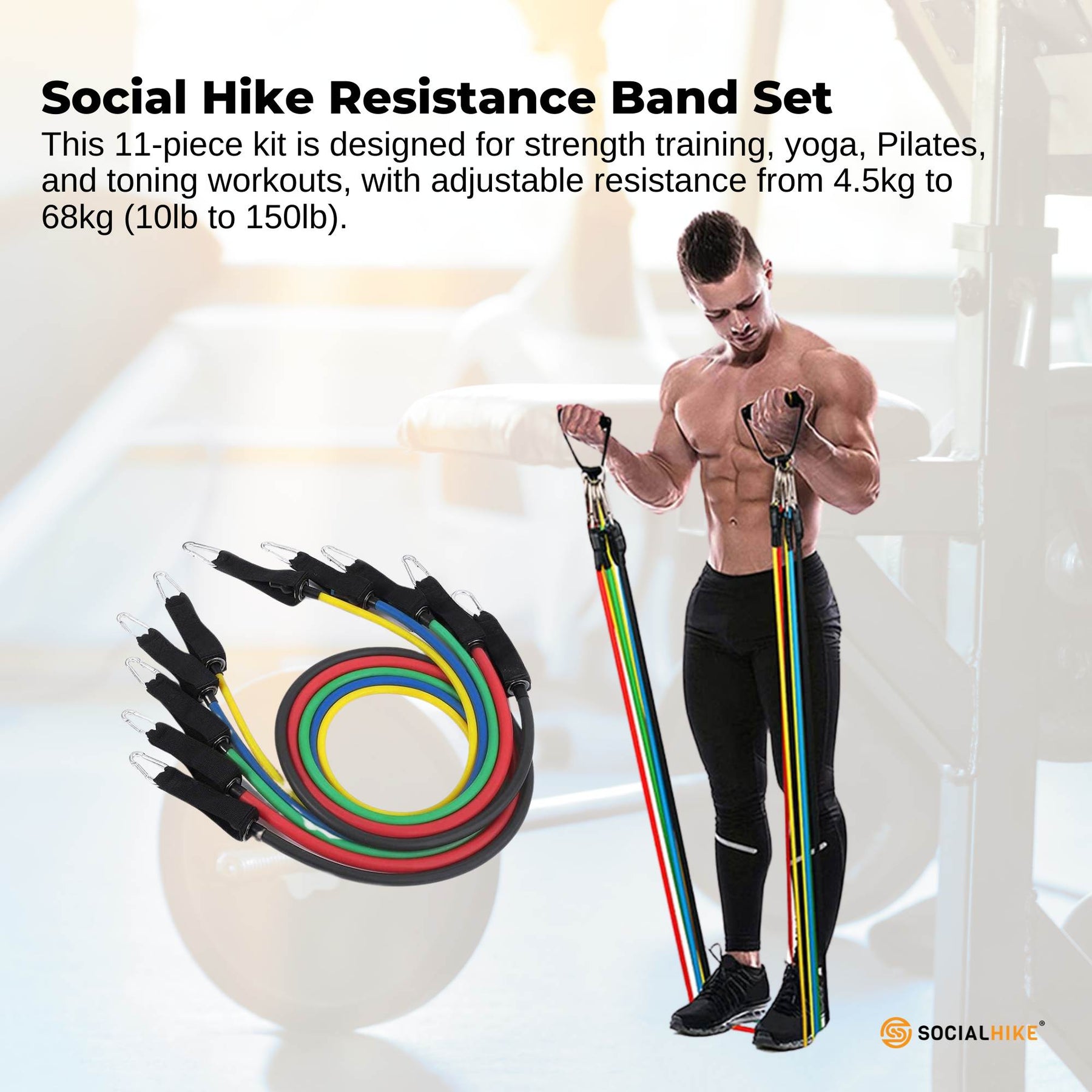 Social Hike Resistance Band Set with Handles - 11pcs Home Workout Kit 4.5-68kg - SuperSaverAU - view 2