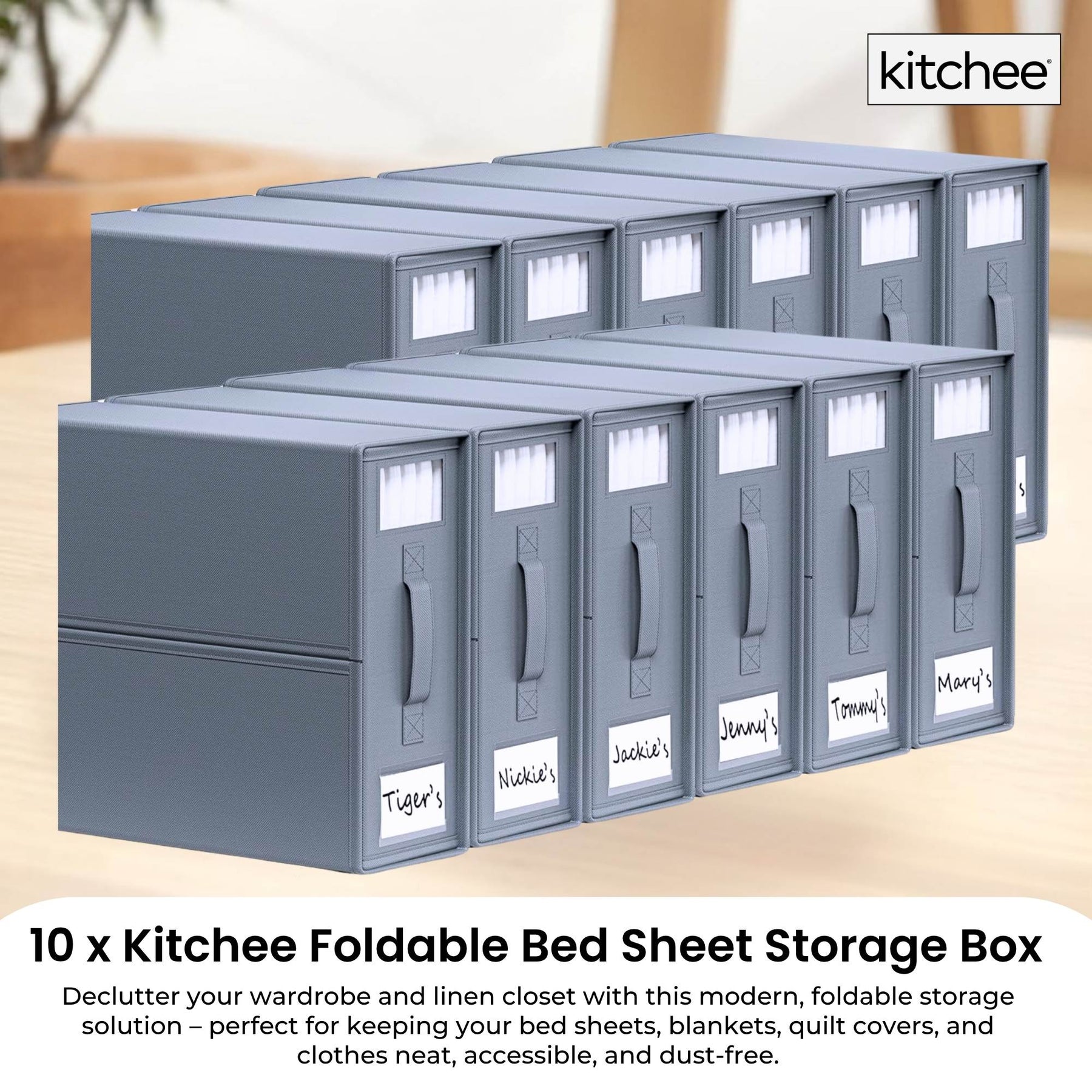 Kitchee 10x Foldable Bed Sheet Storage Box, Grey, Waterproof, Space-Saving, 38x32x12 cm - SuperSaverAU - view 2