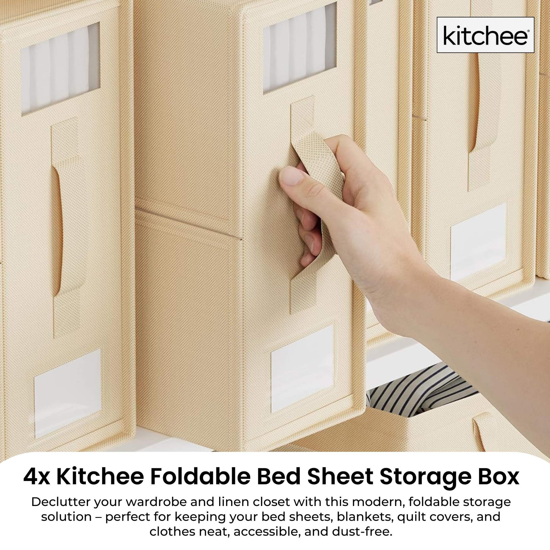 Kitchee Foldable Bed Sheet Storage Box 38x32x12cm Beige - Waterproof, Space-Saving, 4-Pack - SuperSaverAU - view 2