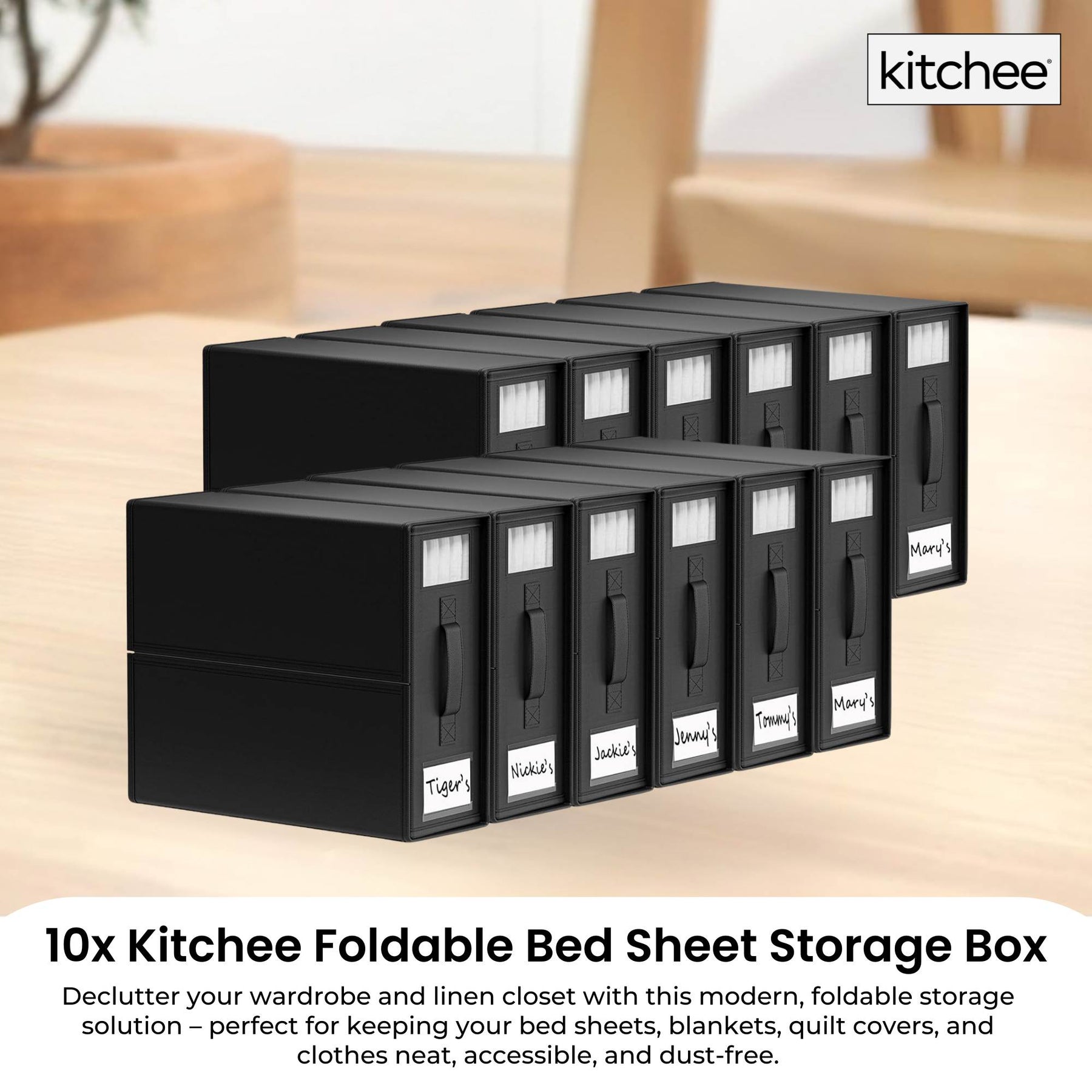Kitchee 10x Foldable Bed Sheet Storage Box, Black, Waterproof, Space-Saving, 38x32x12 cm - SuperSaverAU - view 2