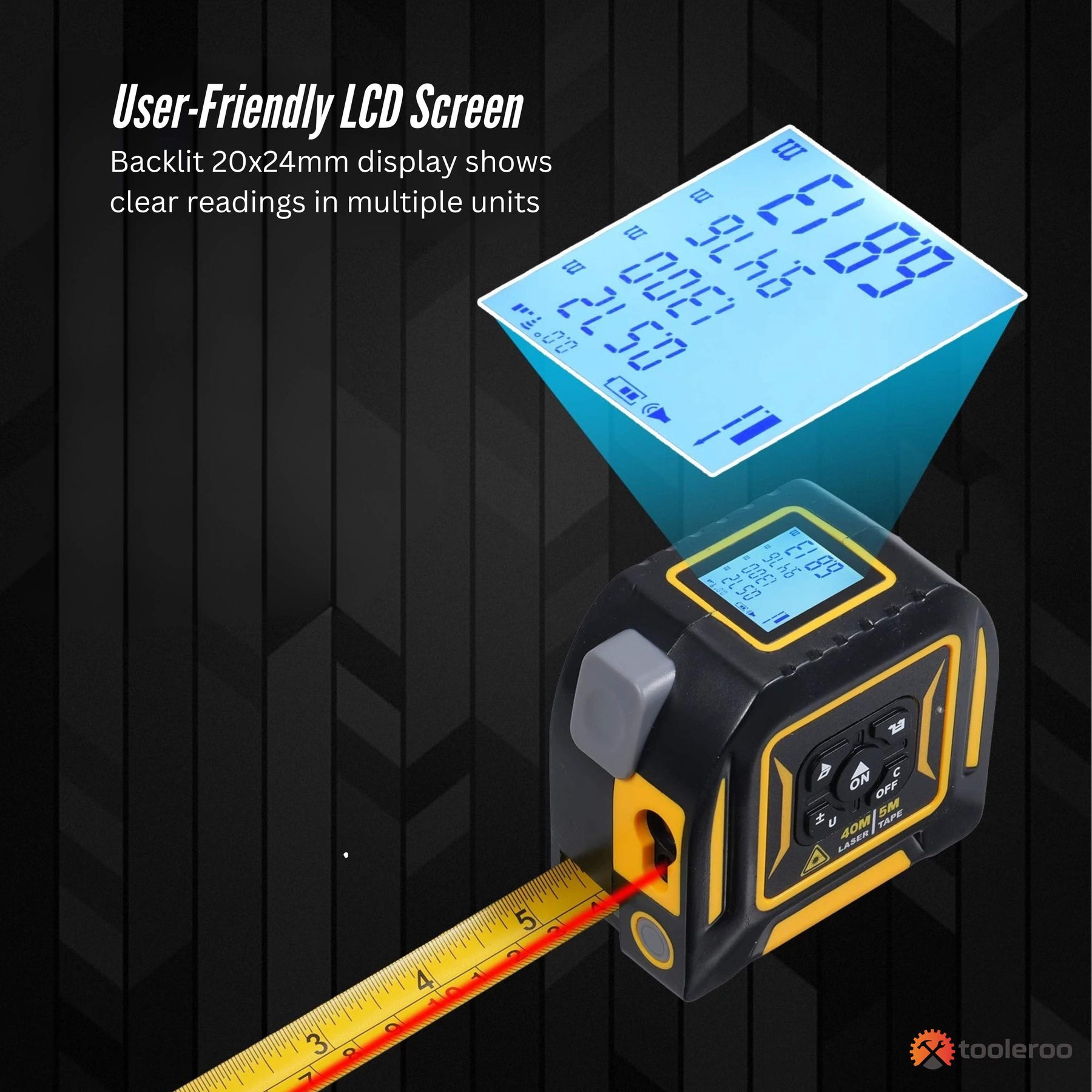 Tooleroo 3-in-1 Digital Laser Tape Measure - 40m Laser & 5m Tape