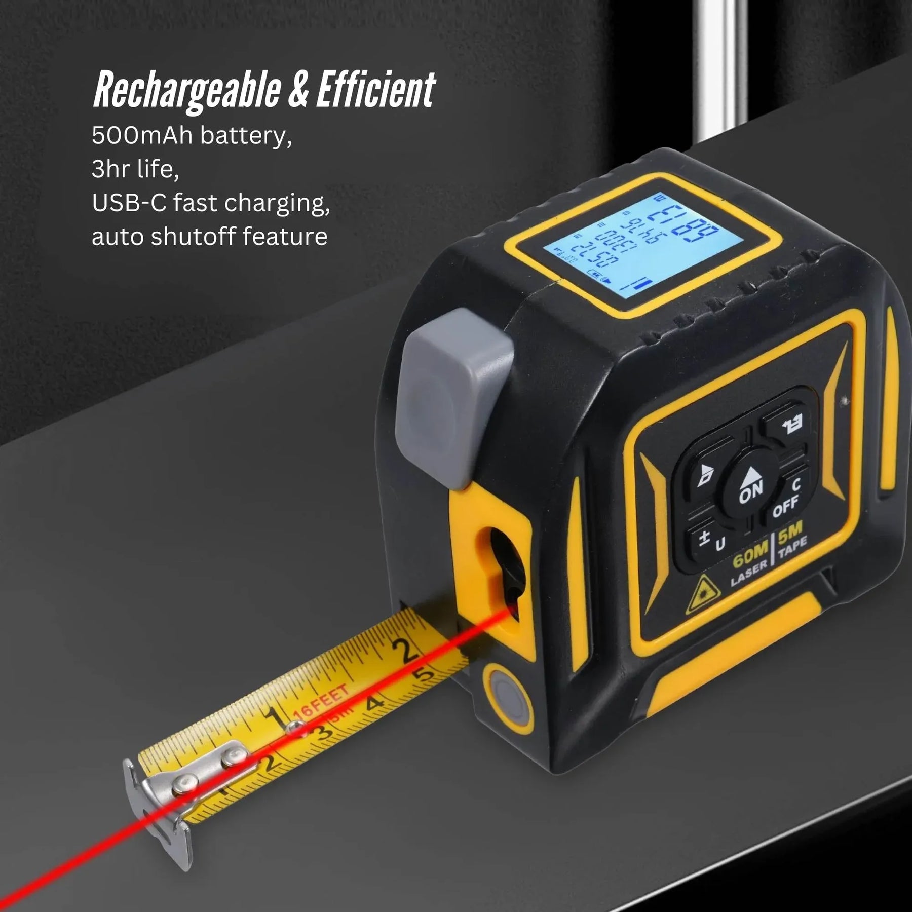 Tooleroo 3-in-1 Digital Laser Tape Measure - 60m Laser & 5m Tape