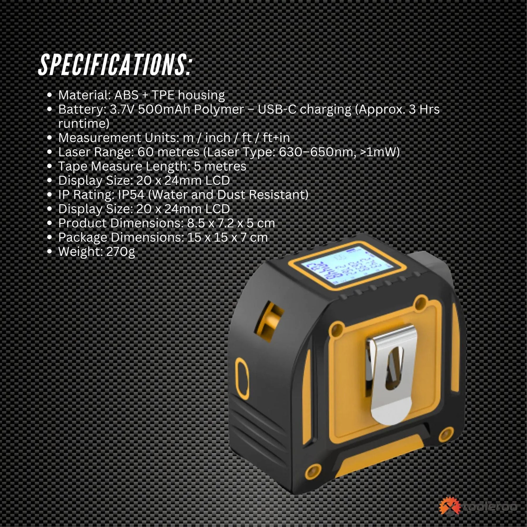 Tooleroo 3-in-1 Digital Laser Tape Measure - 60m Laser & 5m Tape