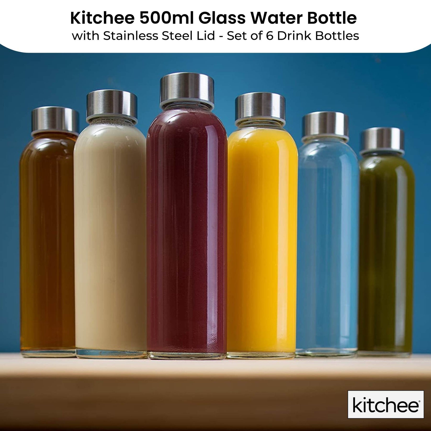 Kitchee Glass Water Bottles – 500ml Set of 6