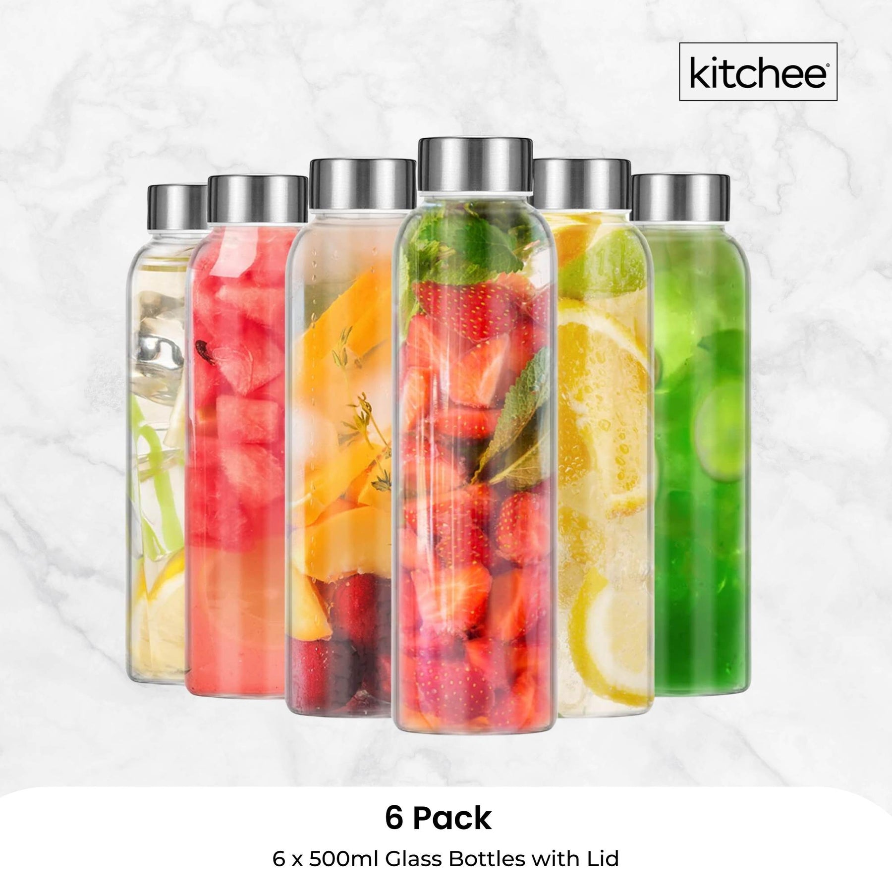 Kitchee Glass Water Bottles – 500ml Set of 6