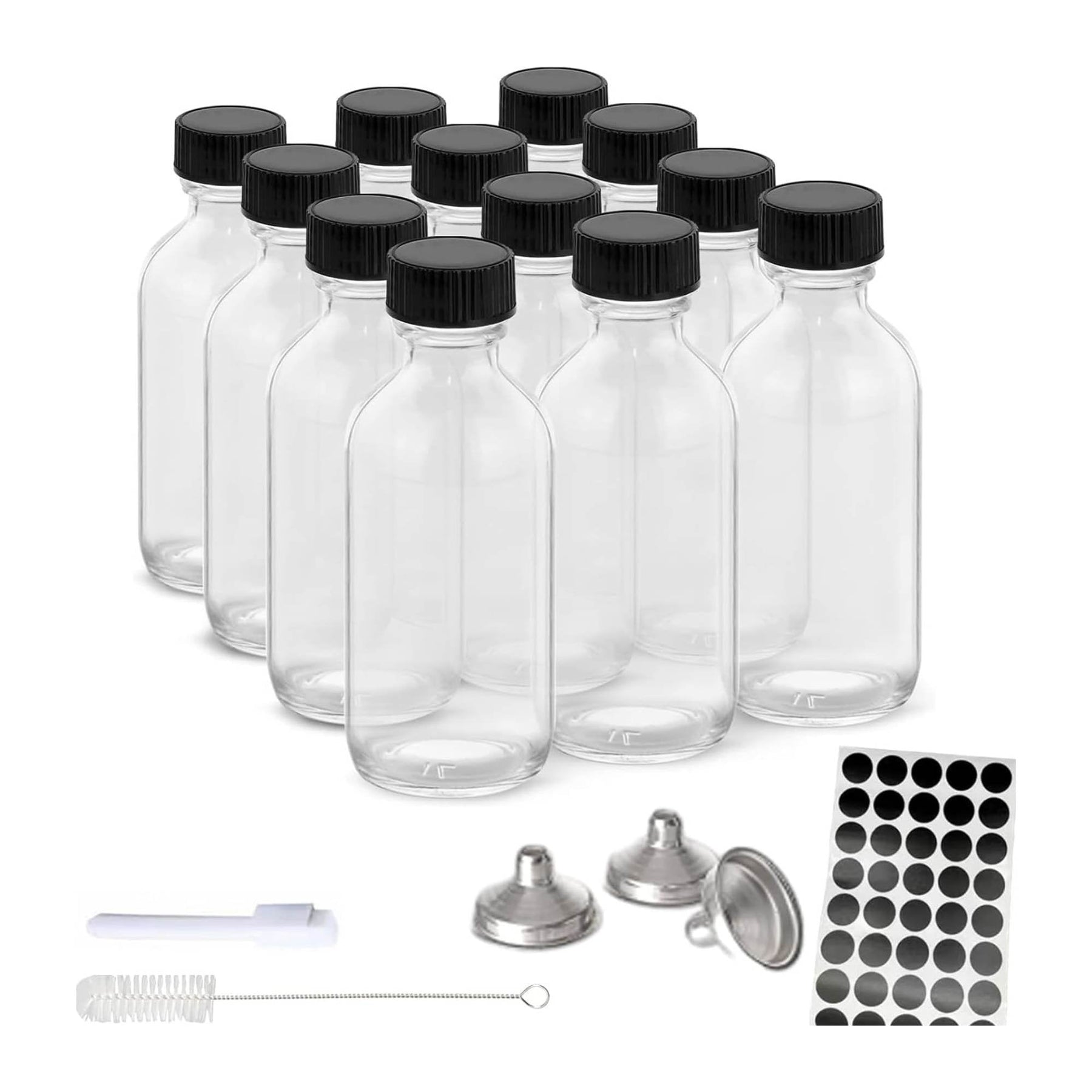 Kitchee 60ml Clear Glass Bottles – 12 Pack with Lids & Accessories