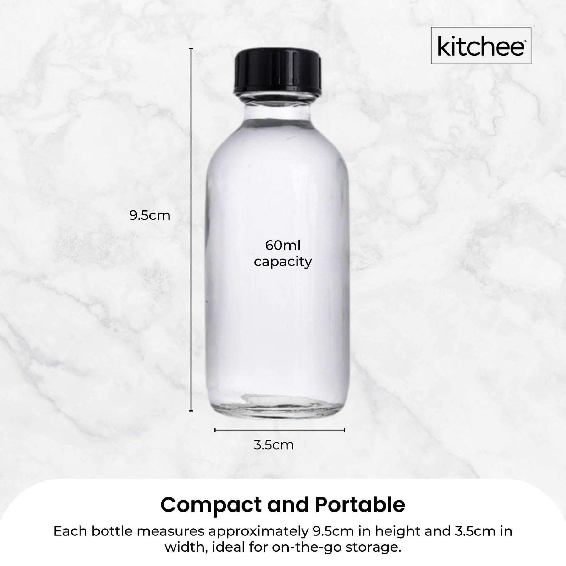 Kitchee 60ml Clear Glass Bottles – 12 Pack with Lids & Accessories
