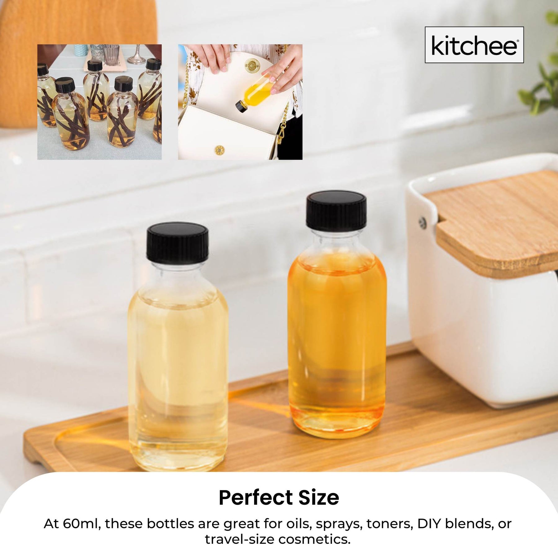 Kitchee 60ml Clear Glass Bottles – 12 Pack with Lids & Accessories