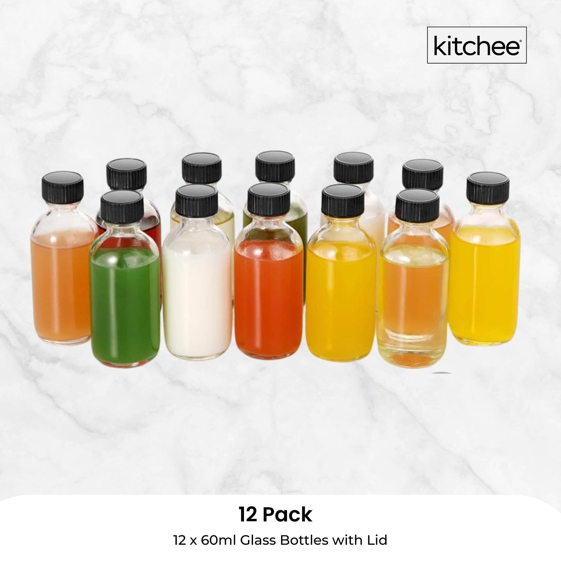 Kitchee 60ml Clear Glass Bottles – 12 Pack with Lids & Accessories