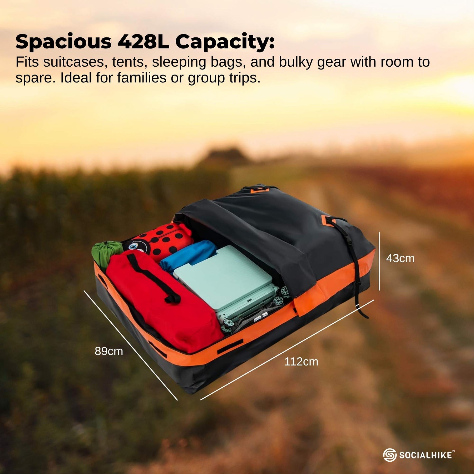 Social Hike 428L Waterproof Car Rooftop Storage Carrier Bag - SuperSaverAU - view 3