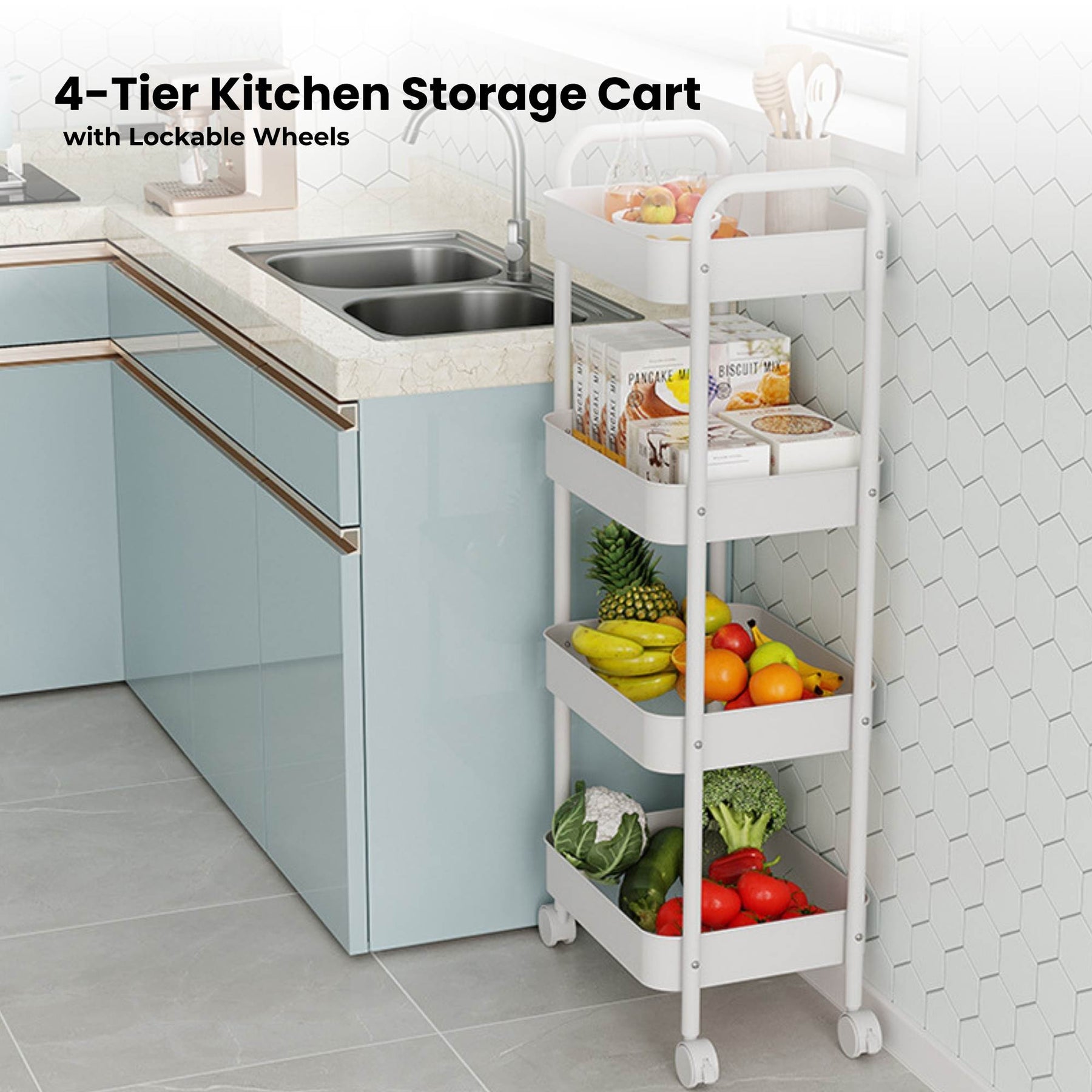 Kitchee 4-Tier Kitchen Storage Cart with Wheels - White Metal Trolley - SuperSaverAU - view 2